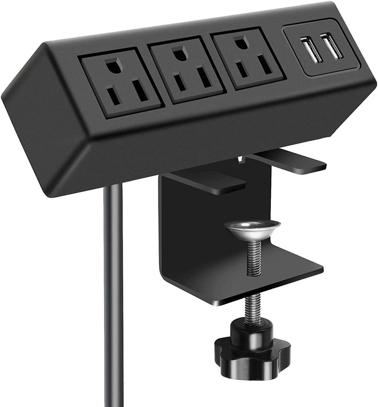 3 Outlet Desk Clamp Power Strip, Desk Mount USB Charging Power Station, Removable Desktop Power Center Plugs Output 125V/60HZ/12A/1500W, USB 5V/2.1A 6.56FT Cable