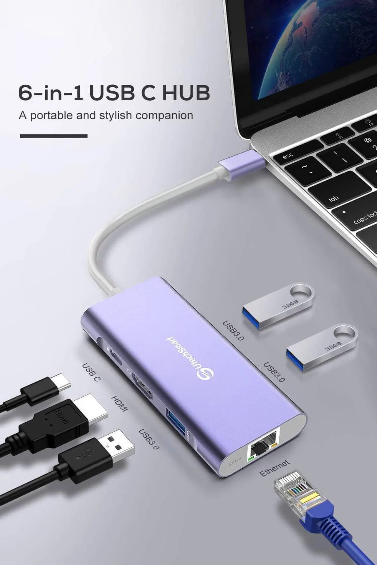 Alt view image 2 of 6 - USB C Hub,UtechSmart 6 In 1 USB C to HDMI Adapter with 1000M Ethernet, Power Delivery Pd Type C Charging Port, 3 USB 3.0 Ports Adapter Compatible for MacBook Pro, Chromebook,and USB C devices (Purple)
