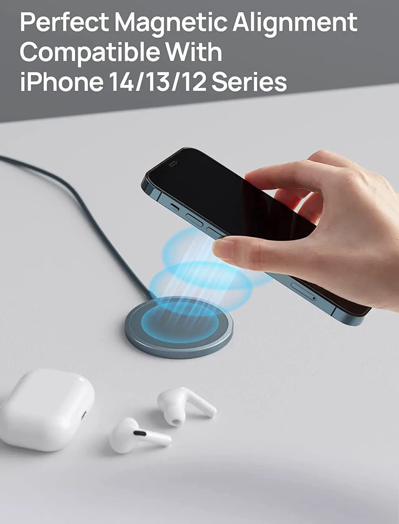 Alt view image 3 of 7 - Magnetic Wireless Charger Compatible with MagSafe Charger/iPhone 14/14 Pro/14 Plus/14 Pro Max/iPhone 13/13 Pro/13 Pro Max/13 Mini/iPhone 12 Mag Charger (Blue) with 20W PD Charger Block (White)
