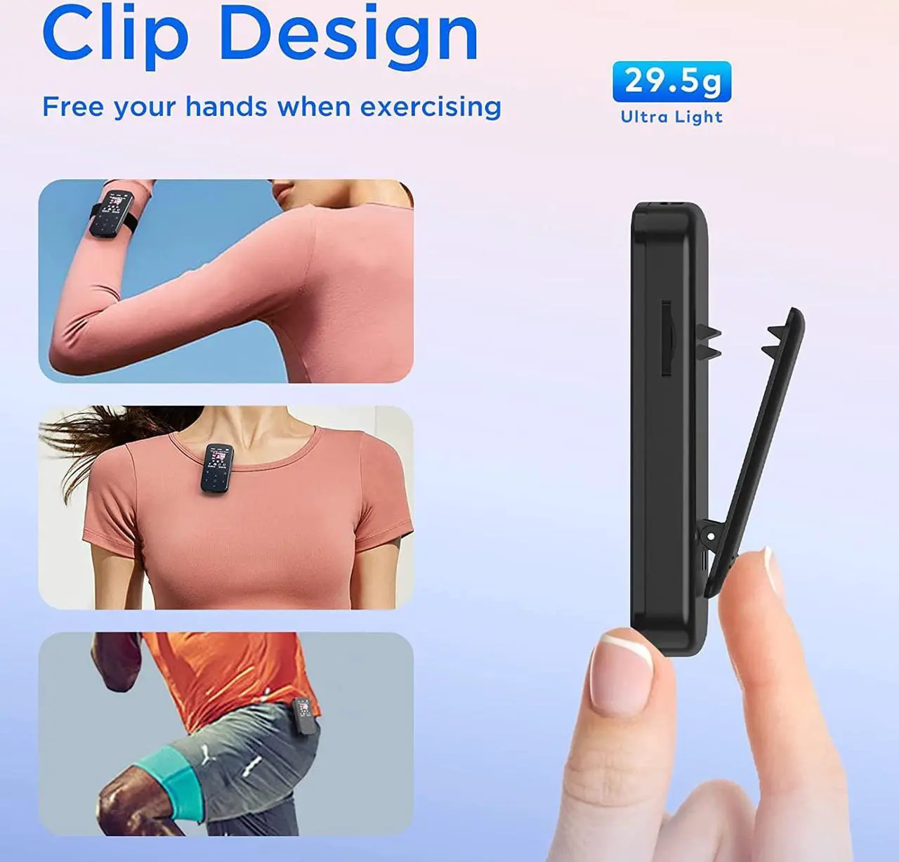 Alt view image 2 of 7 - 64 GB Clip MP3 Player, ZOOAOXO Music Player with Bluetooth 5.2, HD Screen, HiFi Sound, Voice Recorder, FM Radio, Pedometer, 1.04 oz Ultra-Light, Great for Sports, Card Reader and Earphones Included