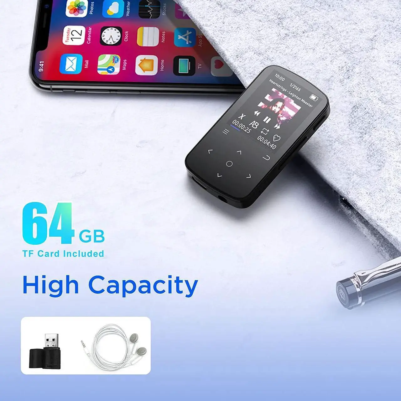 Alt view image 3 of 7 - 64 GB Clip MP3 Player, ZOOAOXO Music Player with Bluetooth 5.2, HD Screen, HiFi Sound, Voice Recorder, FM Radio, Pedometer, 1.04 oz Ultra-Light, Great for Sports, Card Reader and Earphones Included
