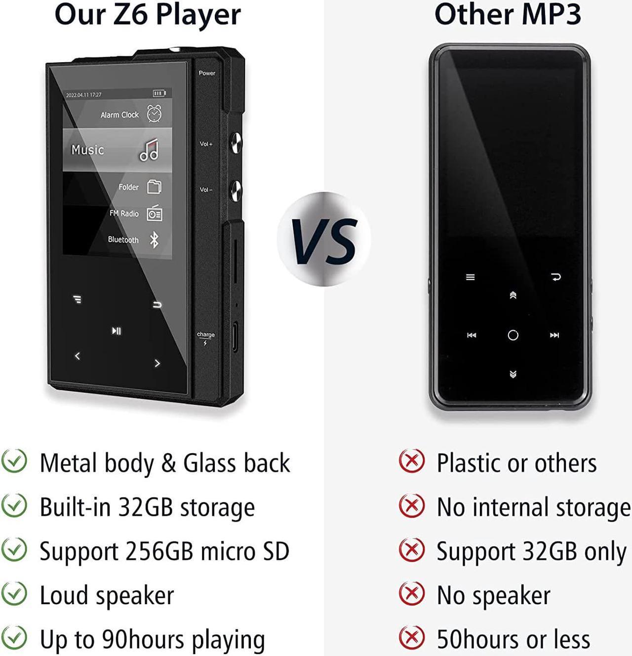 Alt view image 5 of 6 - 32GB MP3 Player with Bluetooth 5.0, Portable Music Player MP3 with Speaker, Metal Body & Glass Back, HiFi Sound with FM Radio, Voice Recorder, E-Book, Support Micro SD Card up to 256GB