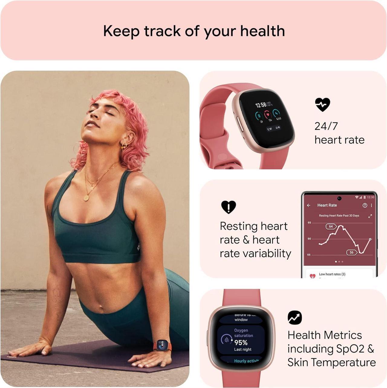 Alt view image 6 of 7 - Fitbit Versa 4 Fitness Smartwatch, Pink Sand / Copper Rose Aluminum | FB523RGRW-US