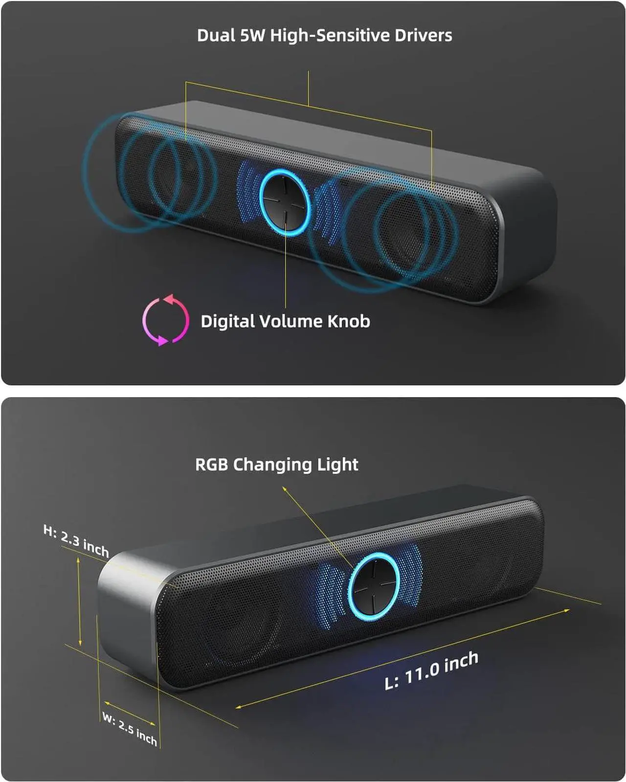 Alt view image 2 of 7 - USB Computer Speakers for Desktop, Laptop, PC Gaming Speakers, Small Computer Sound Bar with Stereo Loud Sound, Enhanced Bass, Dynamic RGB Light, Digital Volume Knob