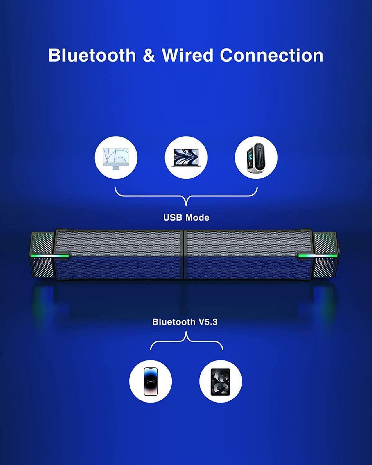 Alt view image 5 of 7 - Jeecoo M20 Bluetooth Computer Speakers for PC Desktop Monitor, Gaming PC Sound Bar - Wired USB-Powered, Superb Stereo Sound, with Gradient LED Lighting - Combine/Separate to Customize Your Desk