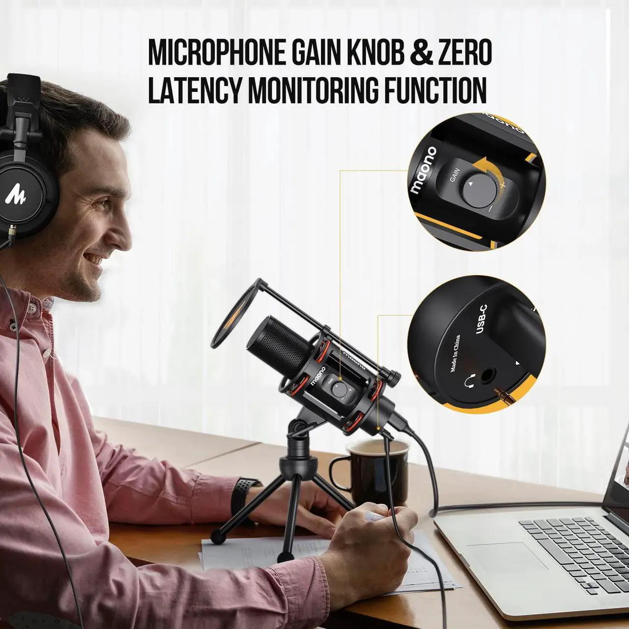 Alt view image 5 of 7 - Computer Microphone All in One USB Condenser Mic 192kHz/24bit with Metal Pop Filter, Tripod, Gain Knob&0-Latency Monitoring for Zoom Meeting, Podcasting, Streaming, YouTube, Voice Over, Gaming