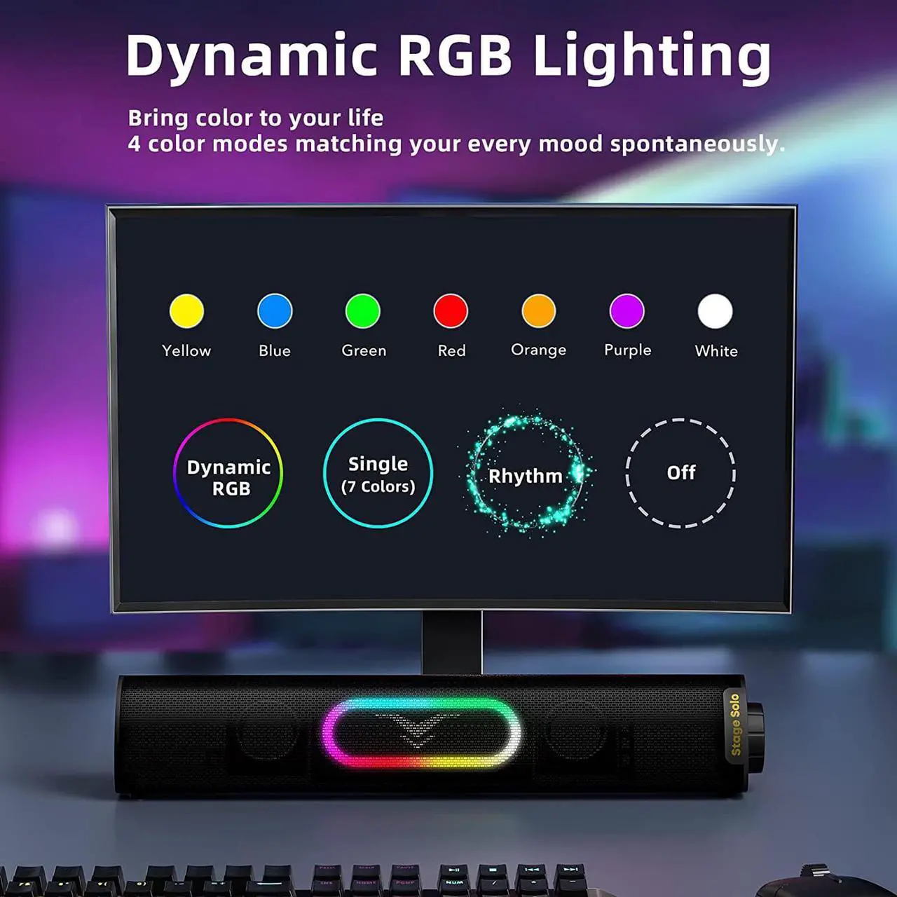 Alt view image 2 of 6 - Computer Speakers, HiFi Stereo Computer Sound Bar with Dynamic RGB, Bluetooth 5.3 & USB Plug-N-Play & 3.5mm Aux-in, Bluetooth Computer Speakers for Desktop Monitor, PC, Laptop, Projector, Gaming