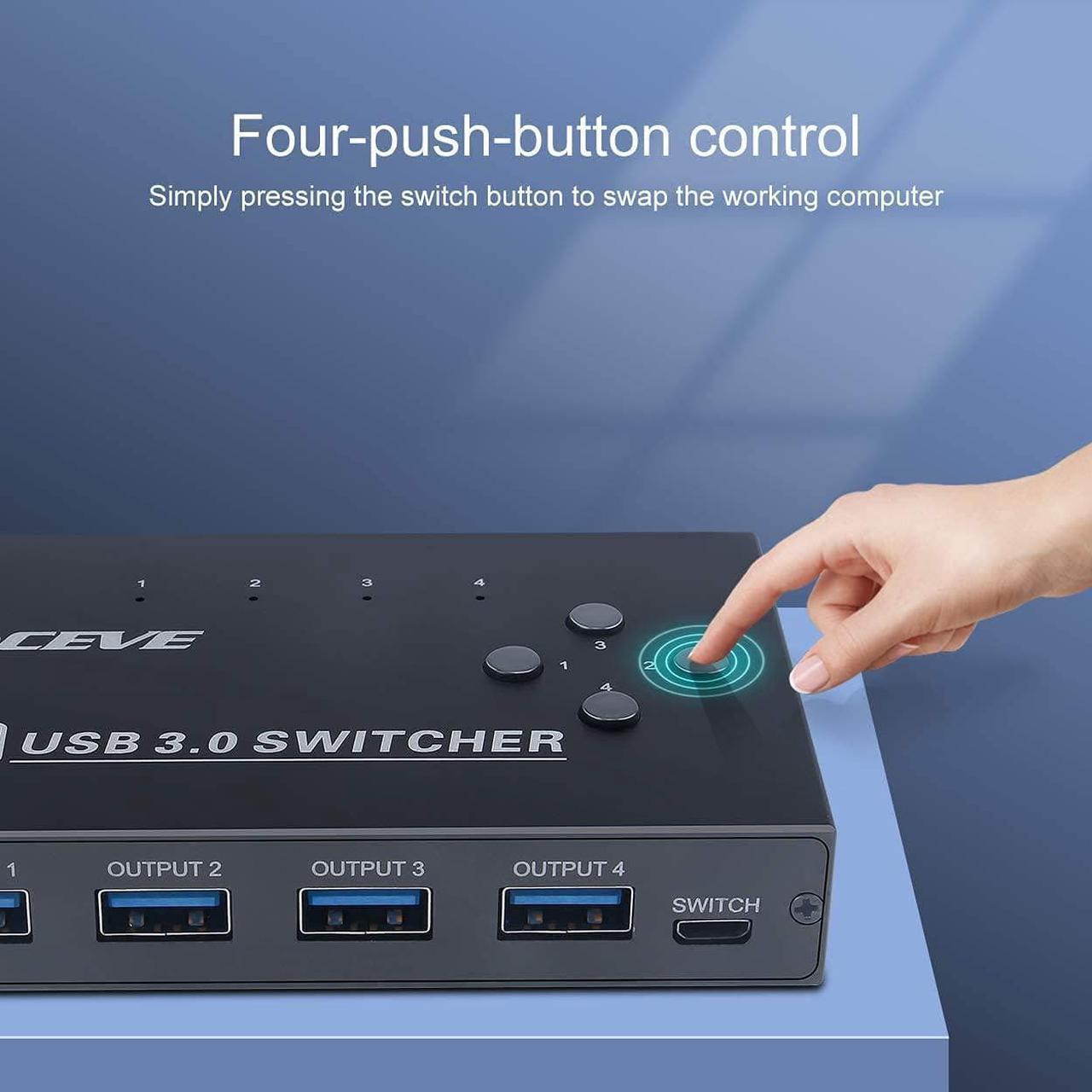 Alt view image 4 of 4 - KCEVE USB 3.0 Switch, USB Switch Selector 4 Computer Sharing 4 USB Devices KVM Switcher Box for Share Printer, Scanner, Mouse, Keyboard, Compatible with Mac/Windows/Linux, with 4 Pack USB 3.0 Cables