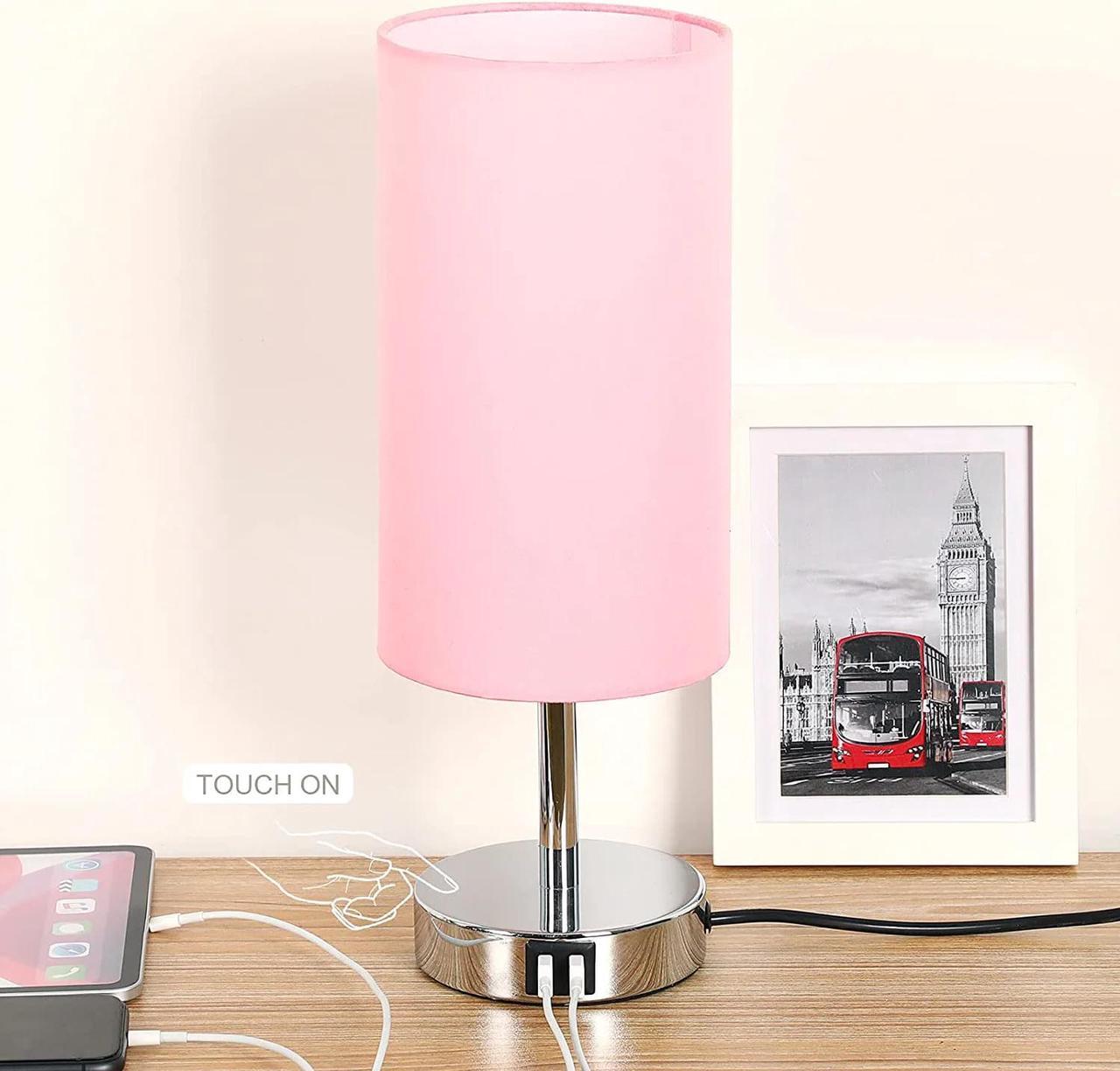 Yarra-Decor Bedside Lamp with USB Port - Touch Control Table Lamp for Bedroom 3 Way Dimmable Nightstand Lamp with Round Pink Fabric Shade for Living Room, Dorm, Home Office (LED Bulb Included)