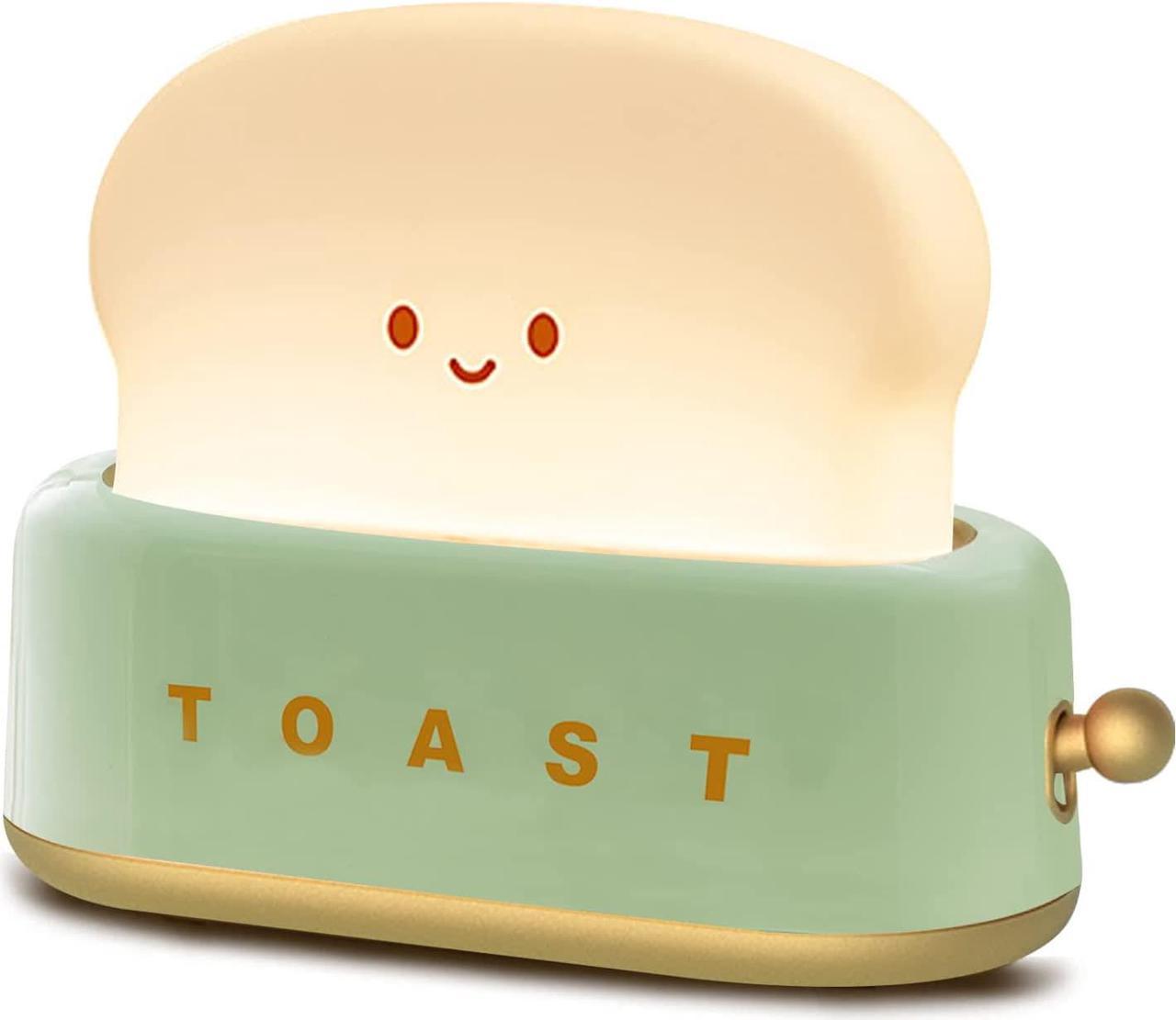 QANYI Desk Decor Toaster Lamp, Rechargeable Small Lamp with Smile Face Toast Bread Cute Toaster Shape Room Decor Night Light for Bedroom, Bedside, Living Room, Dining, Desk Decorations, Gift (Green)