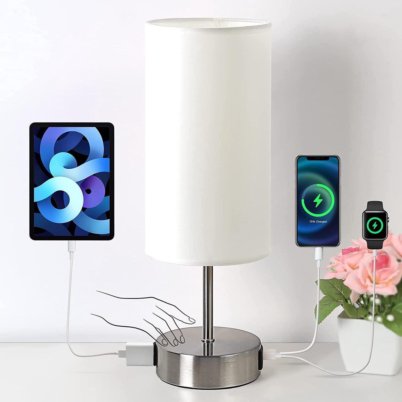 Yarra-Decor Upgraded Bedside Lamp with USB A+C Charging Ports & AC Outlet Touch Control Table Lamp for Bedroom 3 Way Dimmable Nightstand Lamp with Round Shade for Home Office, Dorm(Bulb Included)