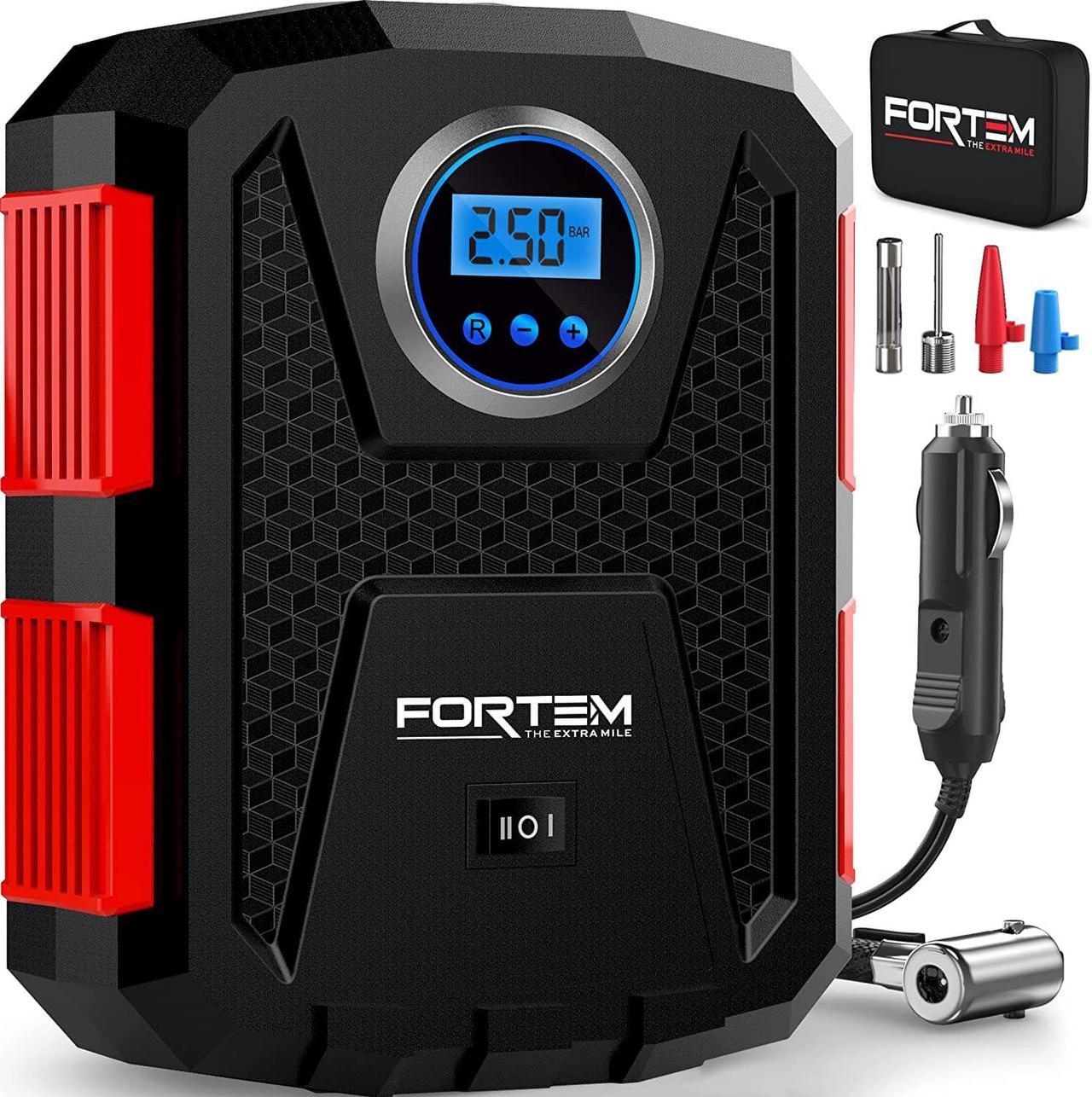 FORTEM Tire Inflator Portable Air Compressor 150 PSI, Bike Pump, 12V Electric Air Pump for Car Tires and Bicycles w/LED Light, Digital Tire Pressure Gauge w/Auto Pump/Shut Off, Carrying Case (Red)