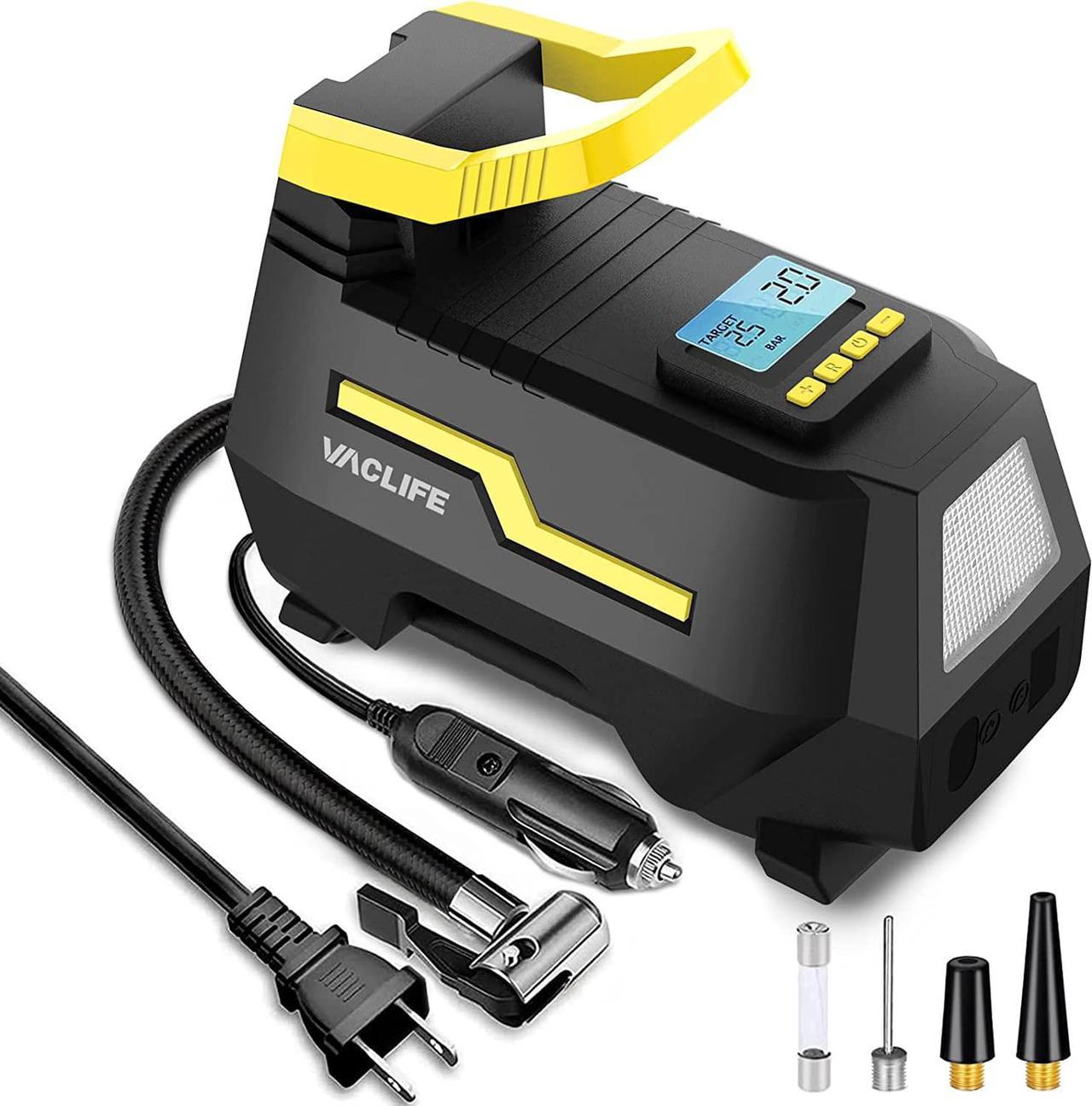 VacLife AC/DC 2-in-1 Tire Inflator - Portable Air Compressor, Air Pump for Car Tires (up to 50 PSI), Electric Bike Pump (up to 150 PSI) w/Auto Shut-Off Function, Model: ATJ-1666, Yellow (VL708)