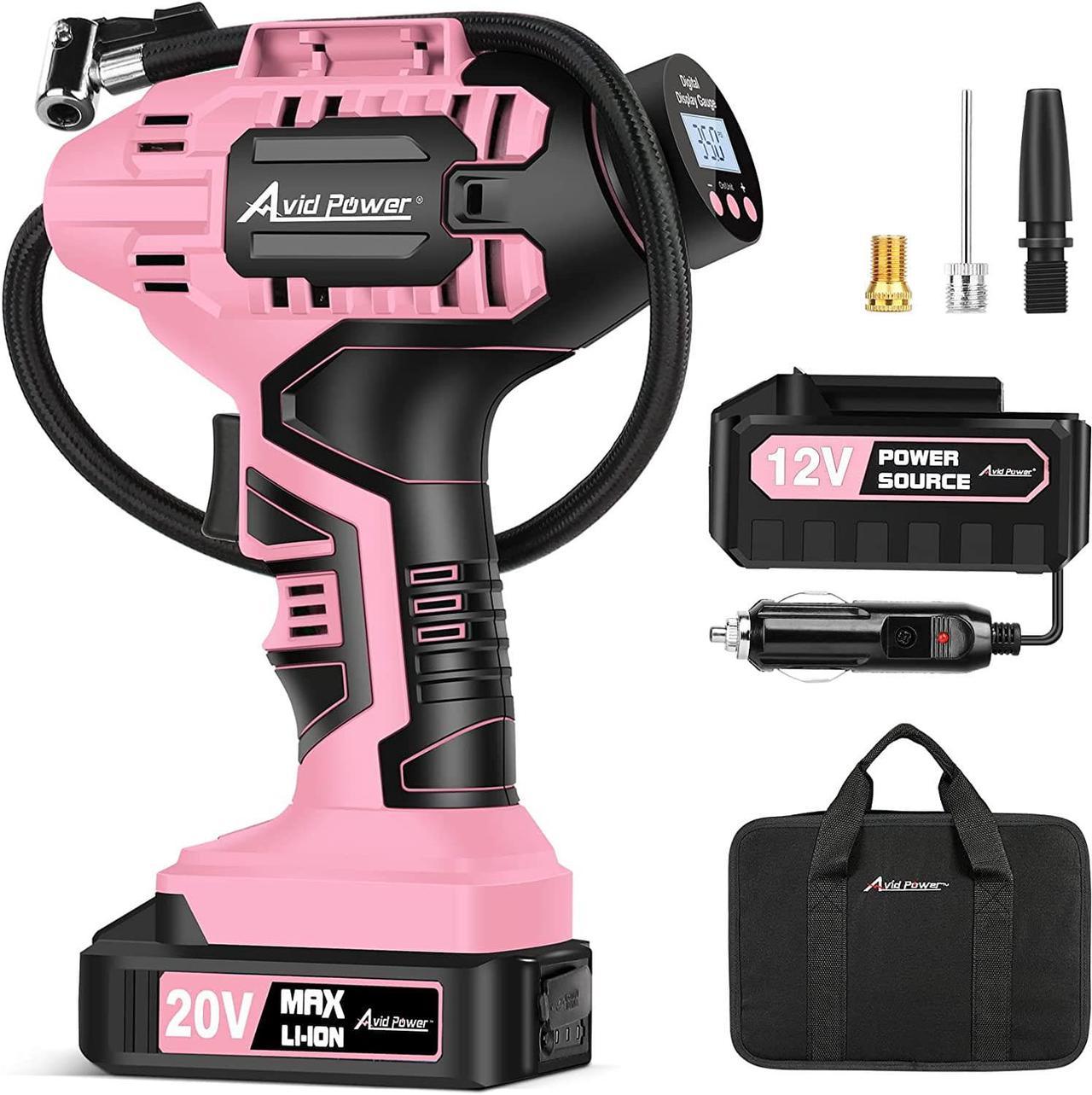 Avid Power Tire Inflator Air Compressor, 20V Cordless Car Tire Pump w/Rechargeable Li-ion Battery, Portable Tire Compressor w/ 12V DC Adapter, Digital Pressure Gauge, for Many Inflatables (Pink)