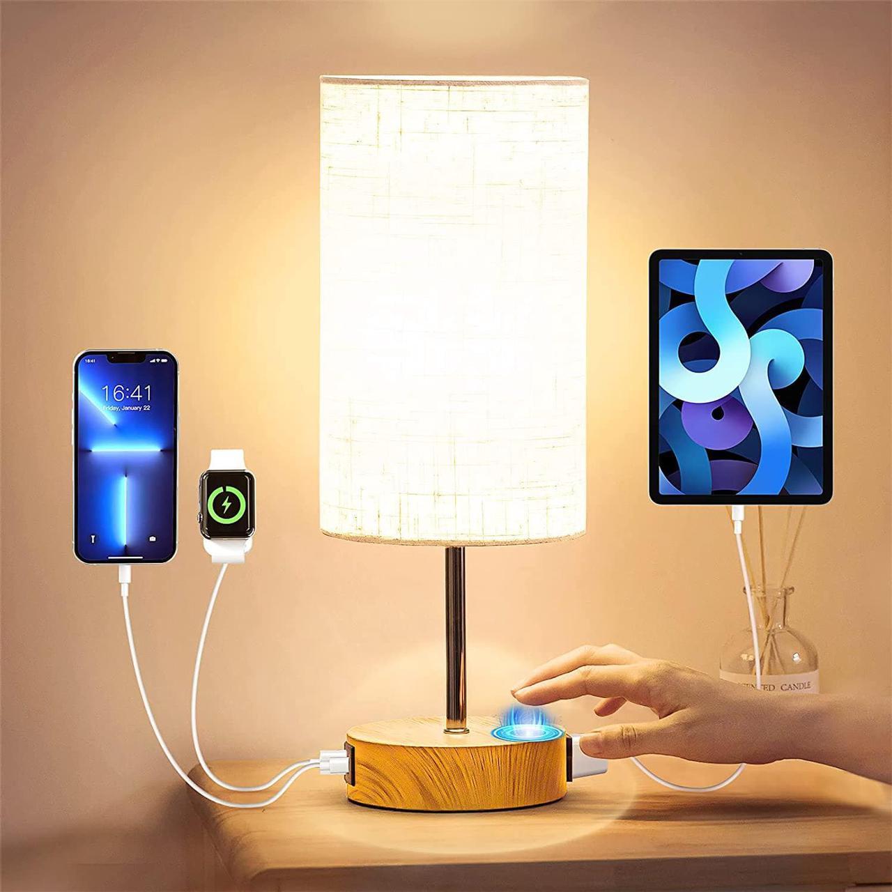 YUESUO Upgraded Bedside Lamp Touch Control Table Lamp with USB A+C Charging Ports & AC Outlet 3-Way Dimmable Nightstand Lamp with Linen Fabric Shade for Bedroom Living Room(E26 Light Bulb Included)