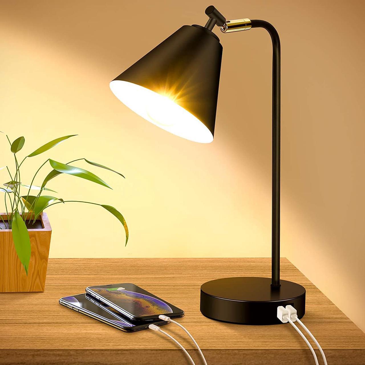 Industrial Dimmable Desk Lamp with 2 USB Charging Ports AC Outlet, Touch Control Bedside Nightstand Reading Lamp Flexible Head, Black Metal Table Lamp for Bedroom Office Living Room, Bulb Included