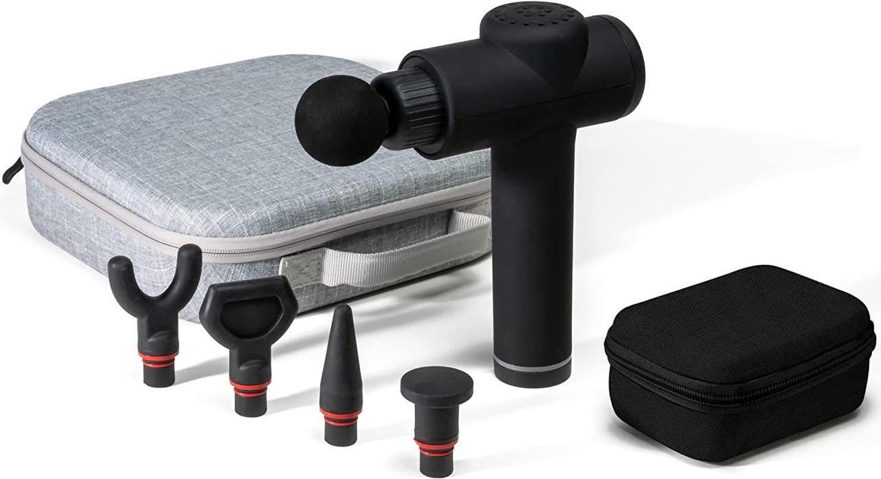 Sharper Image Powerboost Deep-Tissue Professional Percussion Massager, Powerful Handheld Massage Gun, 5 Attachments & Carrying Case, Whisper Quiet Operation, 3 Speeds, Full Body Recovery & Relief