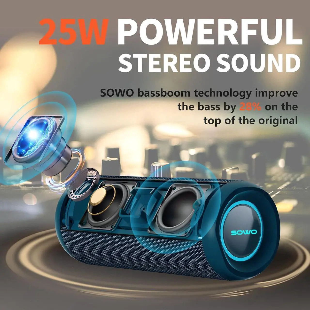 Alt view image 2 of 7 - Portable Bluetooth Speaker, IPX7 Waterproof Wireless Bluetooth Speaker, Bassboom Technology, 25W Loud Stereo Sound, LED Light with TWS Pairing, 16H Playtime for Home and Outdoor -Blue