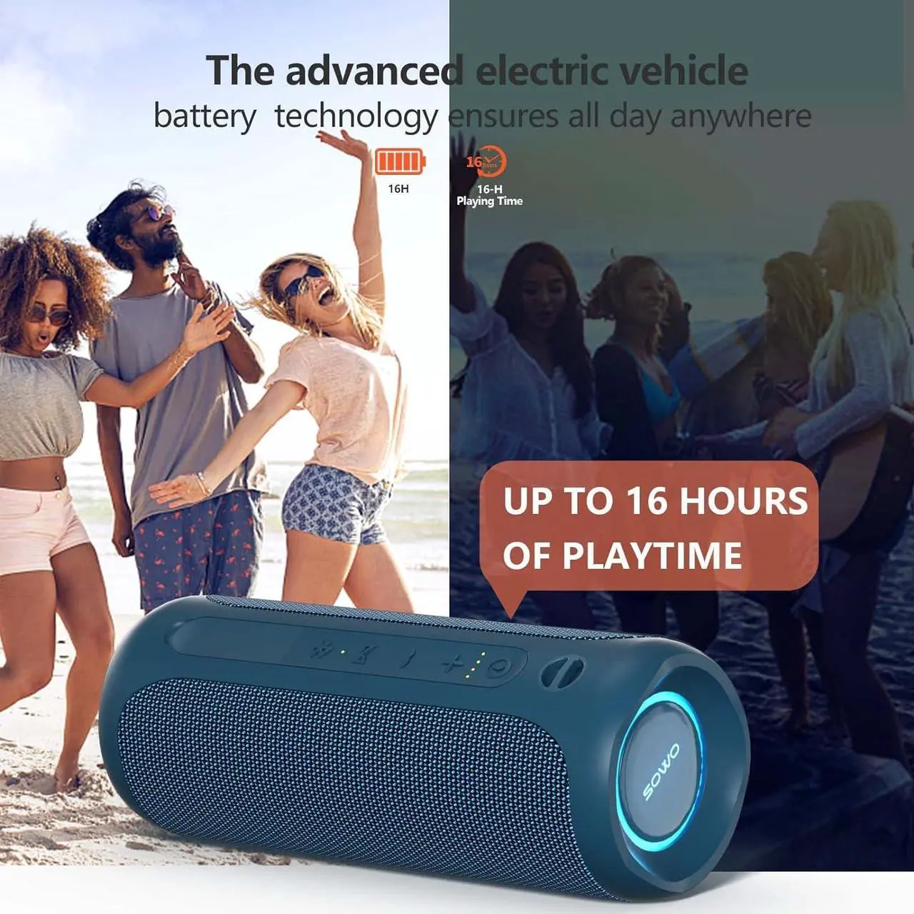 Alt view image 4 of 7 - Portable Bluetooth Speaker, IPX7 Waterproof Wireless Bluetooth Speaker, Bassboom Technology, 25W Loud Stereo Sound, LED Light with TWS Pairing, 16H Playtime for Home and Outdoor -Blue