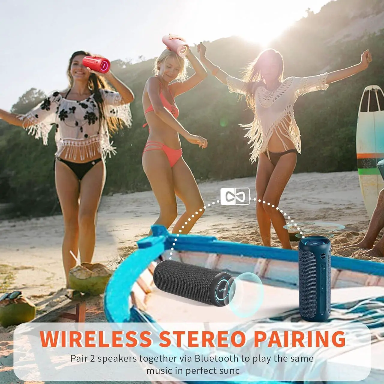 Alt view image 6 of 7 - Portable Bluetooth Speaker, IPX7 Waterproof Wireless Bluetooth Speaker, Bassboom Technology, 25W Loud Stereo Sound, LED Light with TWS Pairing, 16H Playtime for Home and Outdoor -Blue