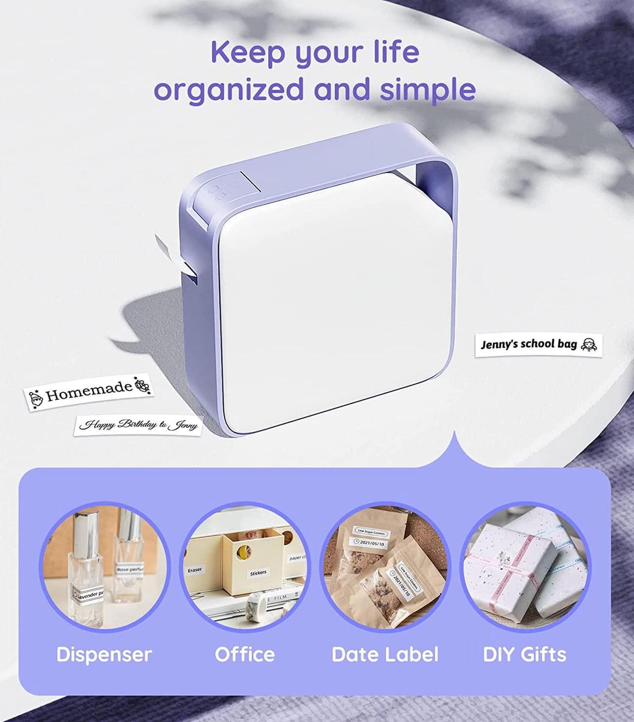 Label Makers D1600 Label Maker Machine, Mini Bluetooth Label Printer with 4 Colors Tape, Multiple Fonts Icons, Compatible with iOS Android for Home School Office Organization,White-Purple