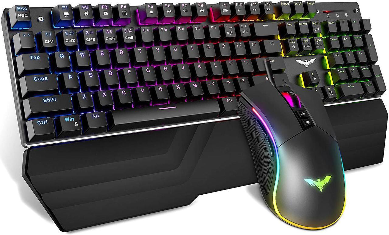 Havit Mechanical Keyboard and Mouse Combo RGB Gaming 104 Keys Blue Switches Wired USB Keyboards with Detachable Wrist Rest, Programmable Gaming Mouse for PC Gamer Computer Desktop (Black)