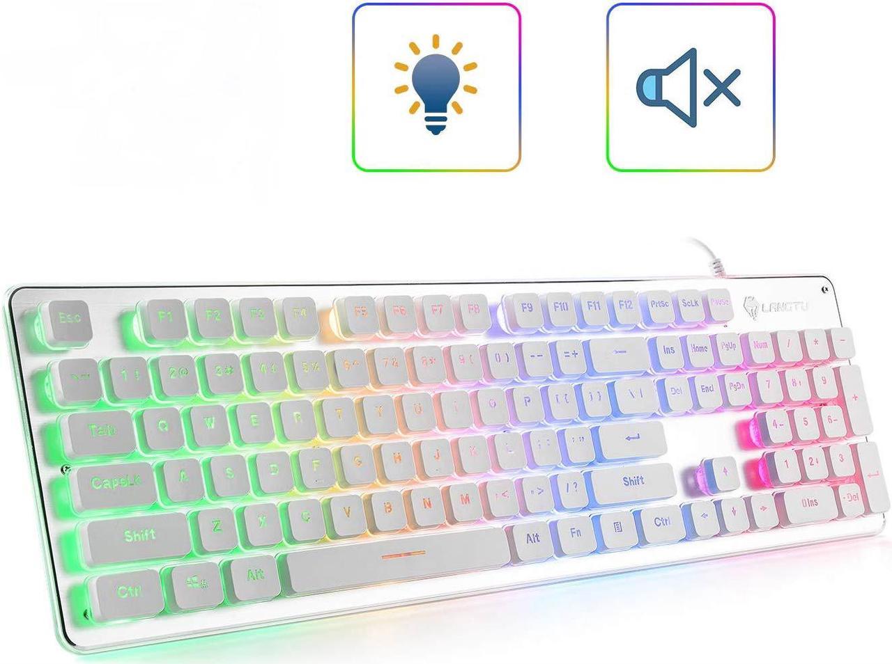 LANGTU Membrane Gaming Keyboard, Rainbow LED Backlit Quiet Keyboard for Office, USB Wired All-Metal Panel 25 Keys Anti-ghosting Computer Keyboard 104 Keys - L1 White/Silver