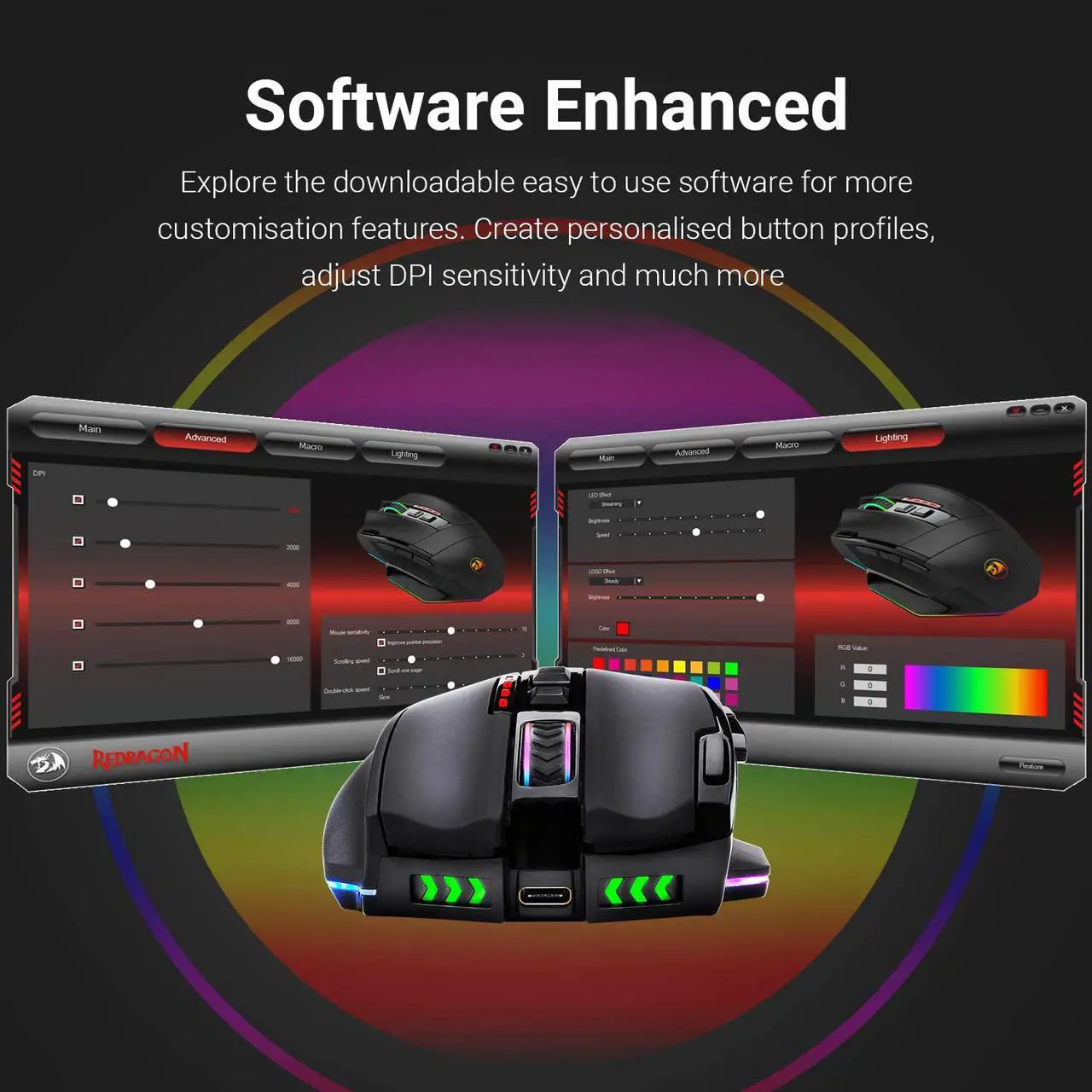 Alt view image 2 of 7 - Redragon M801P RGB Sniper PC Gaming Mouse LED RGB Backlit MMO 9 Programmable Buttons Mouse with Macro Recording Side Buttons Rapid Fire Button for Windows Computer Gamer (Wireless, Black)