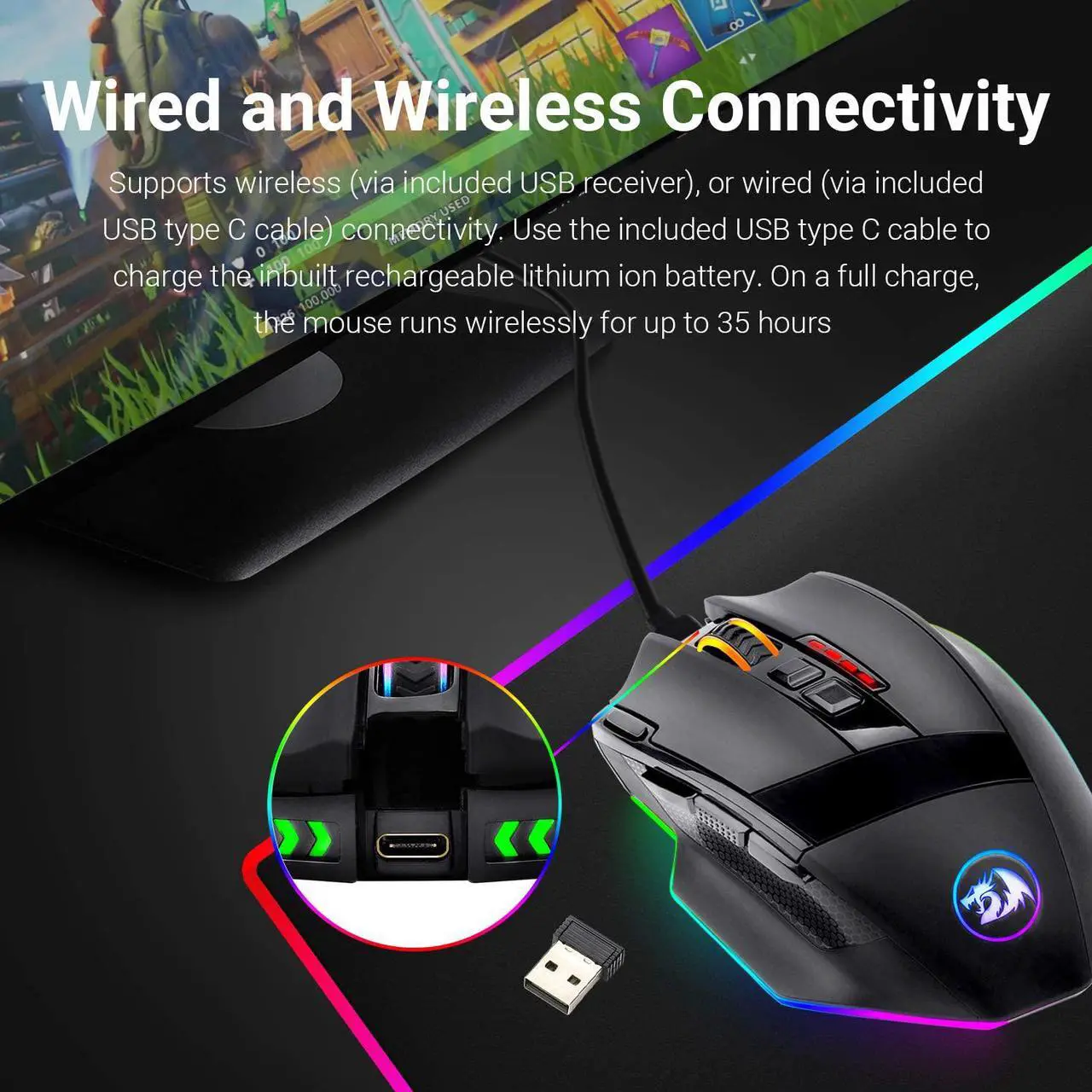 Alt view image 3 of 7 - Redragon M801P RGB Sniper PC Gaming Mouse LED RGB Backlit MMO 9 Programmable Buttons Mouse with Macro Recording Side Buttons Rapid Fire Button for Windows Computer Gamer (Wireless, Black)