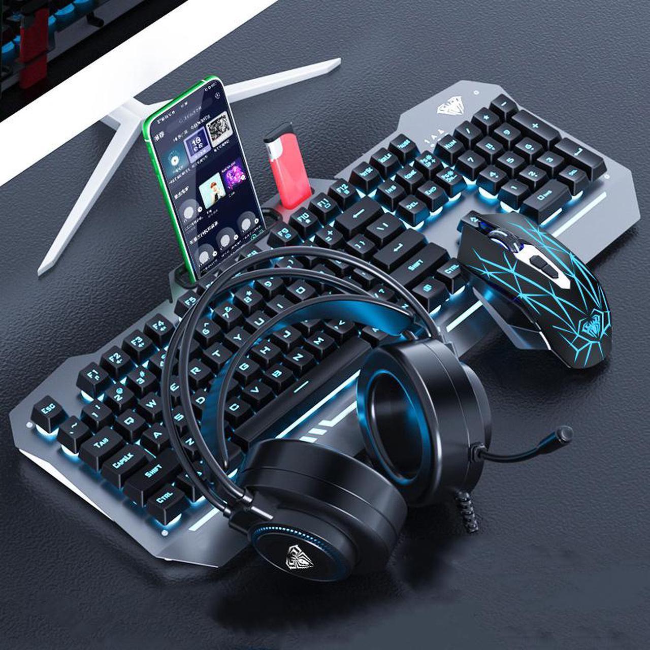 AULA F3010 Ergonomic Design Mechanical Feeling Gaming Keyboard  with Cool Backlit, 2400DPI Macro  Mouse and Gaming Headset Combo for Gaming and Office, 26 Non-conflicting Keys