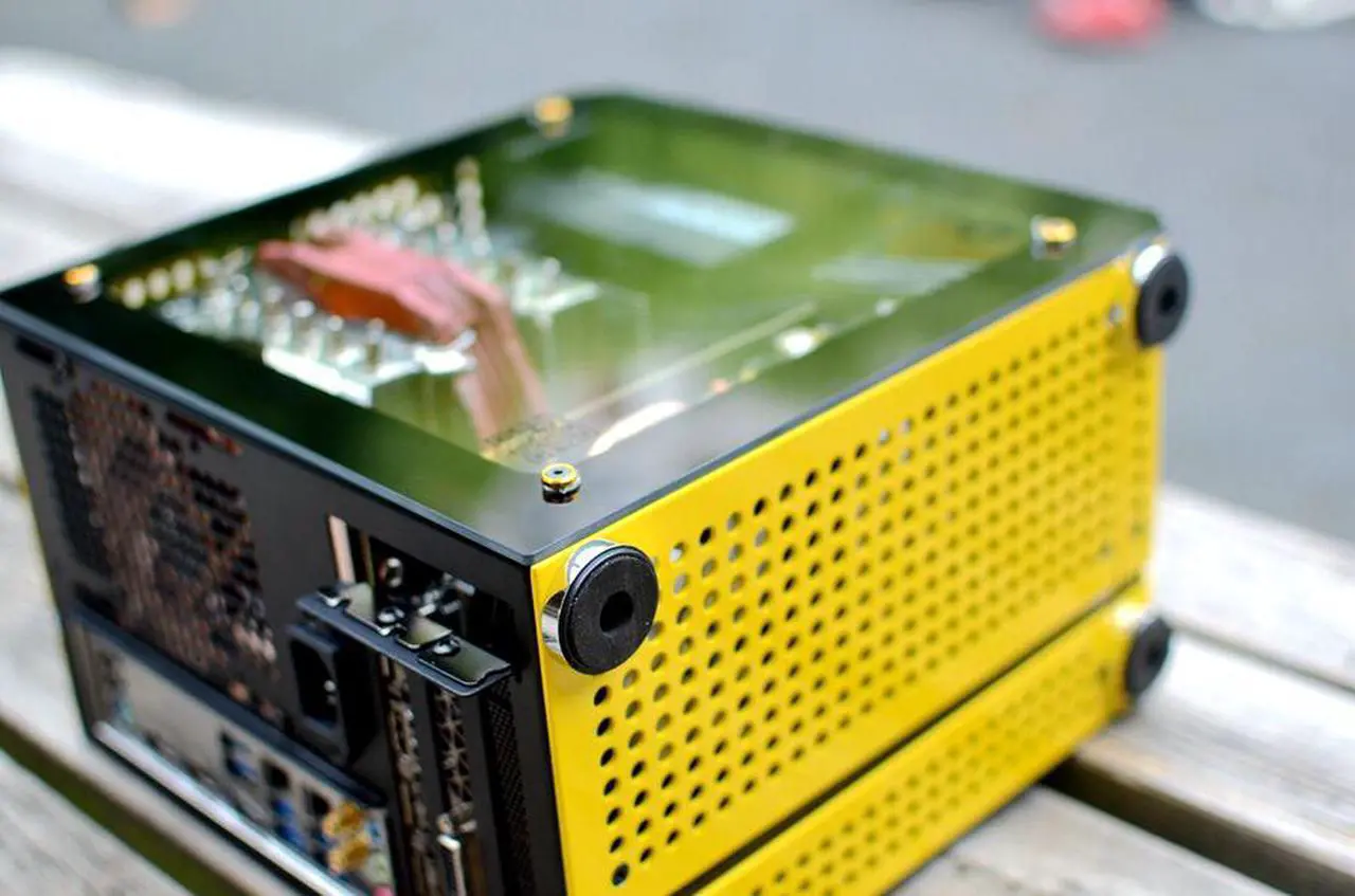 Alt view image 2 of 5 - C26 Yellow Portable MINI Computer Case (Support MATX/ITX Motherboard/A4 Aluminum/Side-Opening Glass Side Through) Type-C + USB3.0