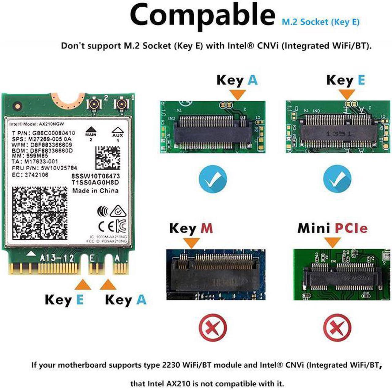 Alt view image 2 of 6 - 3000Mbps WiFi 6E Intel AX210 Bluetooth 5.2 M.2 2230 Key E WiFi 6 Card 2.4G/5Ghz/6Ghz Wireless AX210NGW 802.11ac/ax WiFi Adapter, Support Windows 10 Linux
