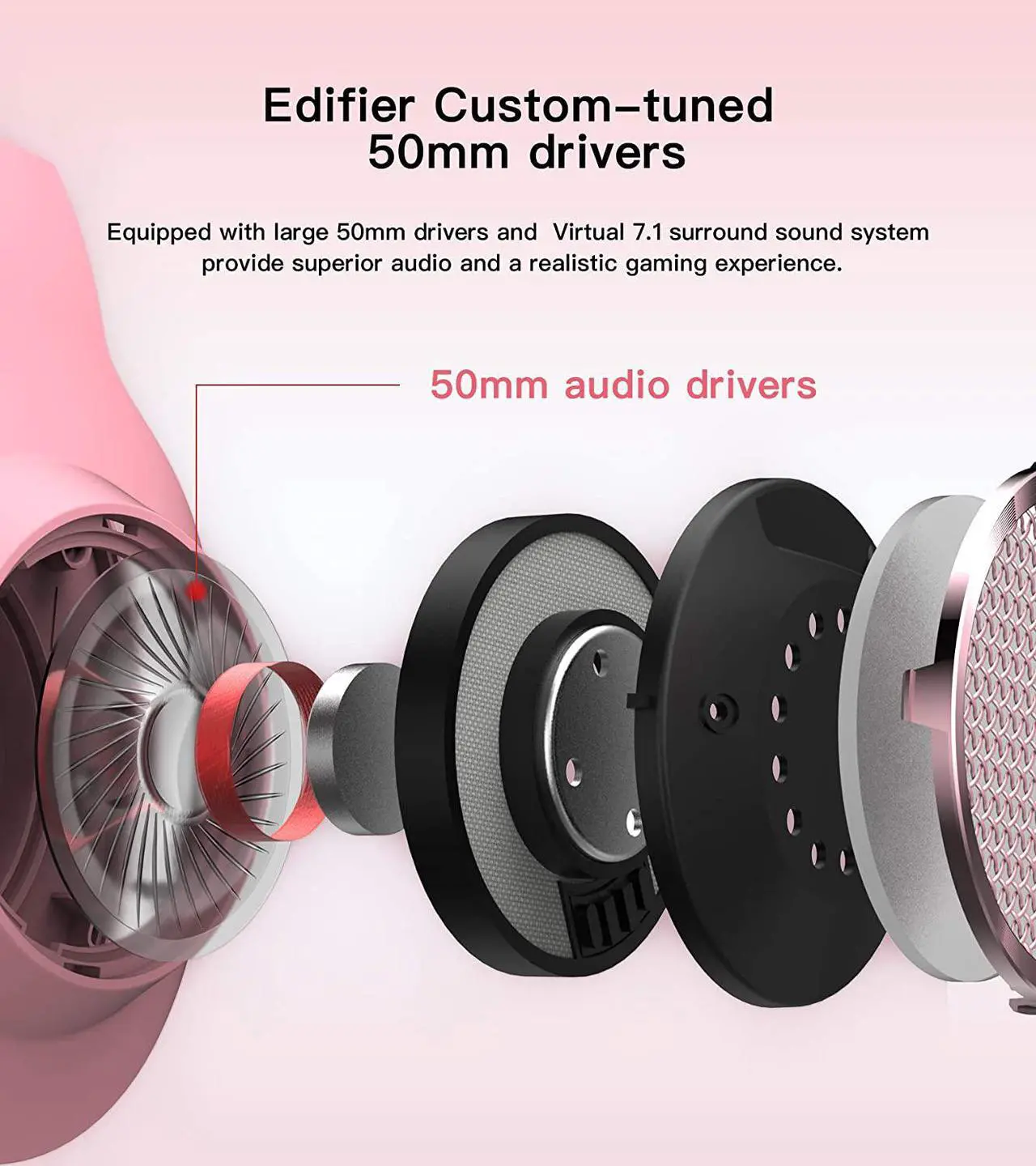 Alt view image 5 of 7 - Edifier HECATE G2  Pink Cat Ear Gaming Headset USB Headphones with Mic, RGB Lighting for PC, PS4, PS5 with THX 7.1 Surround Sound, 50mm Drivers