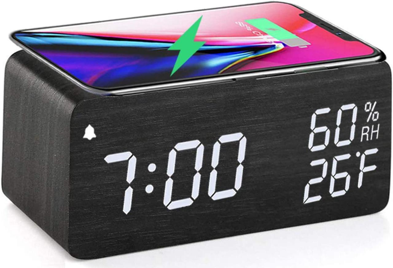 Wooden Digital Alarm Clock with Wireless Charging, 3 Alarms LED Display, Sound Control and Snooze Dual for Bedroom, Bedside, Office (Black)