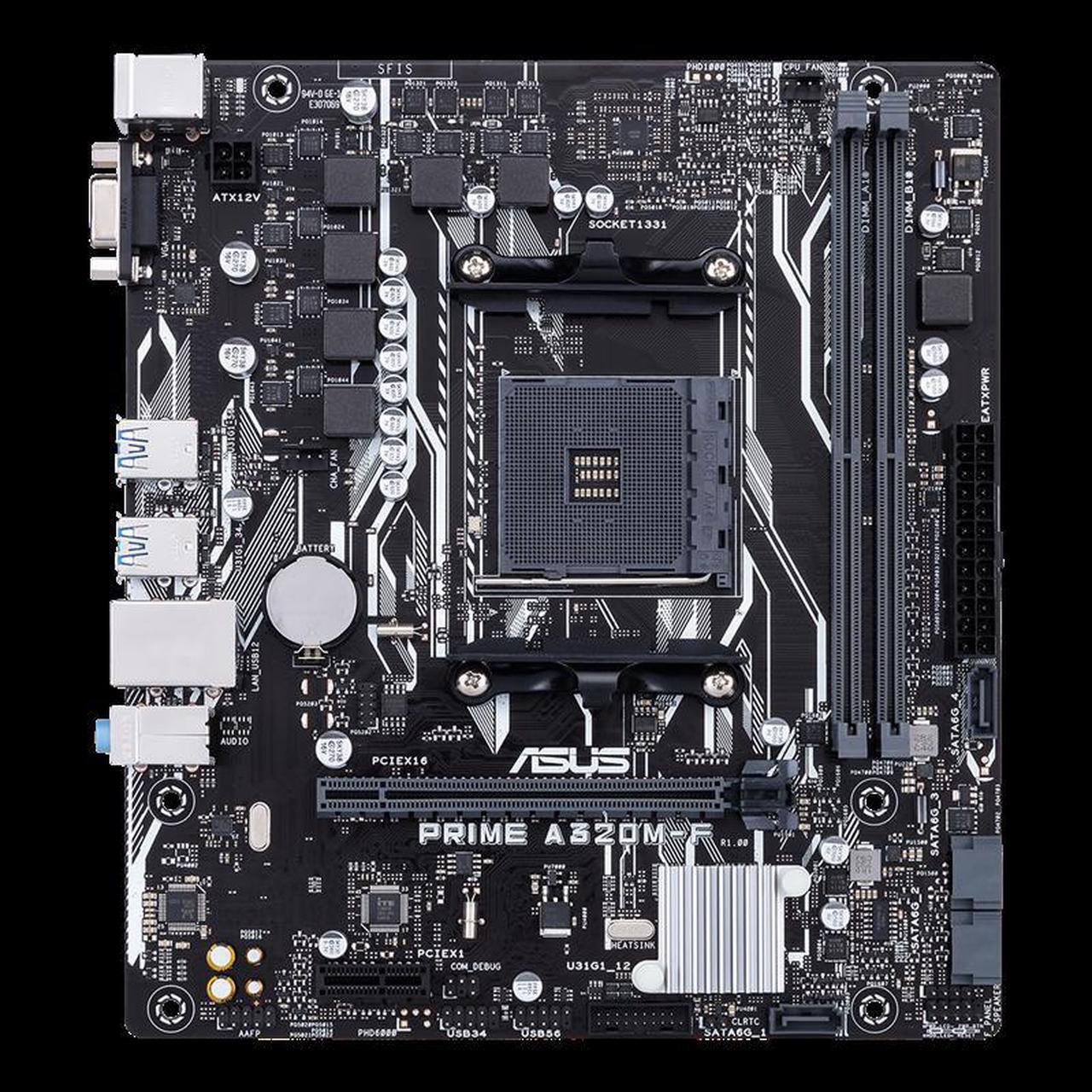 Main image of ASUS PRIME A320M-F AMD AM4 uATX motherboard with 5X Protection III, DDR4 3200MHz, SATA 6Gbps and USB 3.1 Gen 1