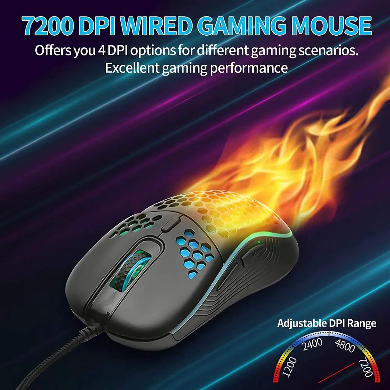 Alt view image 4 of 7 - Honeycomb Wired Gaming Mouse, RGB Backlight and 7200 Adjustable DPI, Ergonomic and Lightweight USB Computer Mouse with High Precision Sensor for Windows PC & Laptop Gamers (Black)