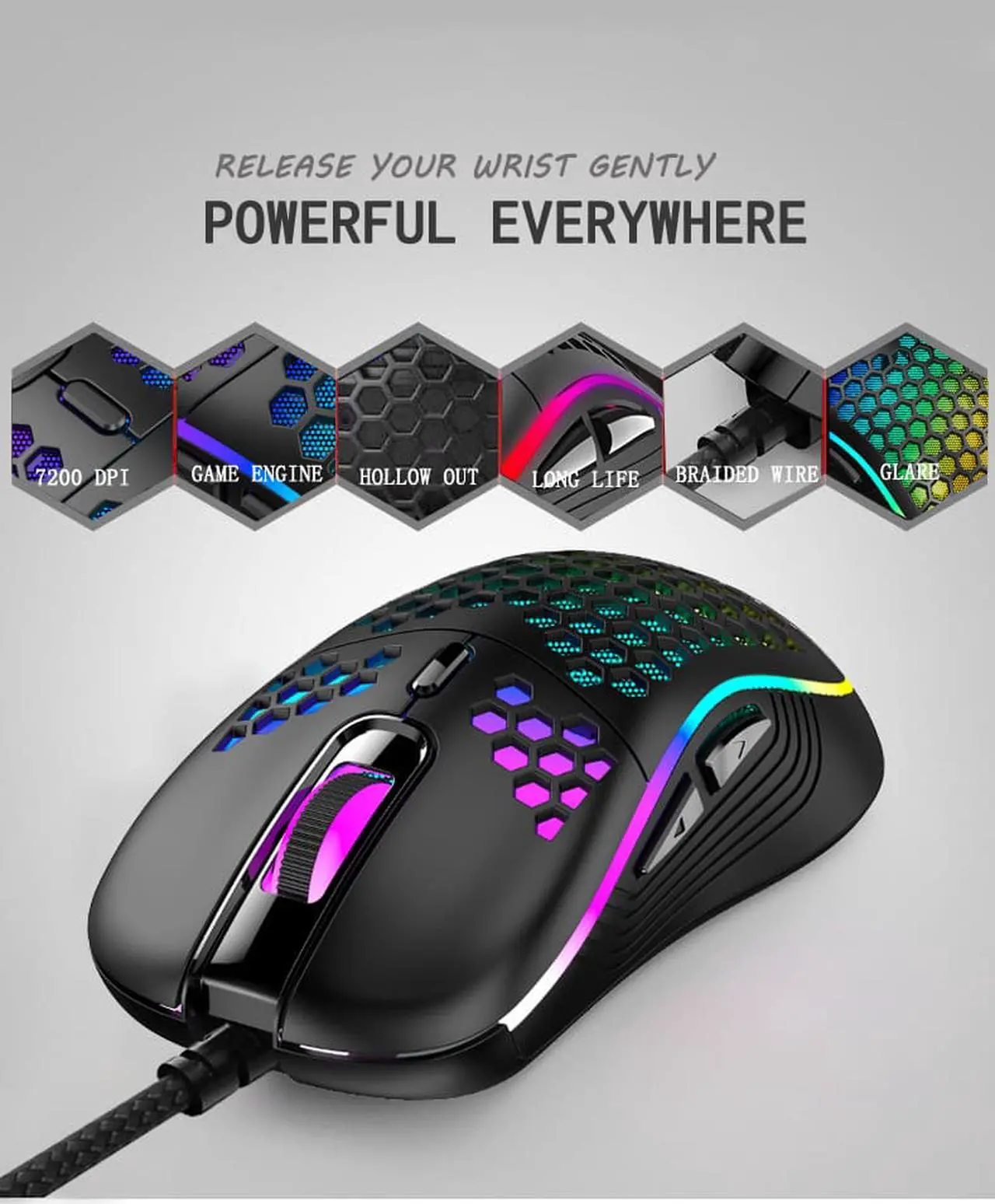 Alt view image 6 of 7 - Honeycomb Wired Gaming Mouse, RGB Backlight and 7200 Adjustable DPI, Ergonomic and Lightweight USB Computer Mouse with High Precision Sensor for Windows PC & Laptop Gamers (Black)