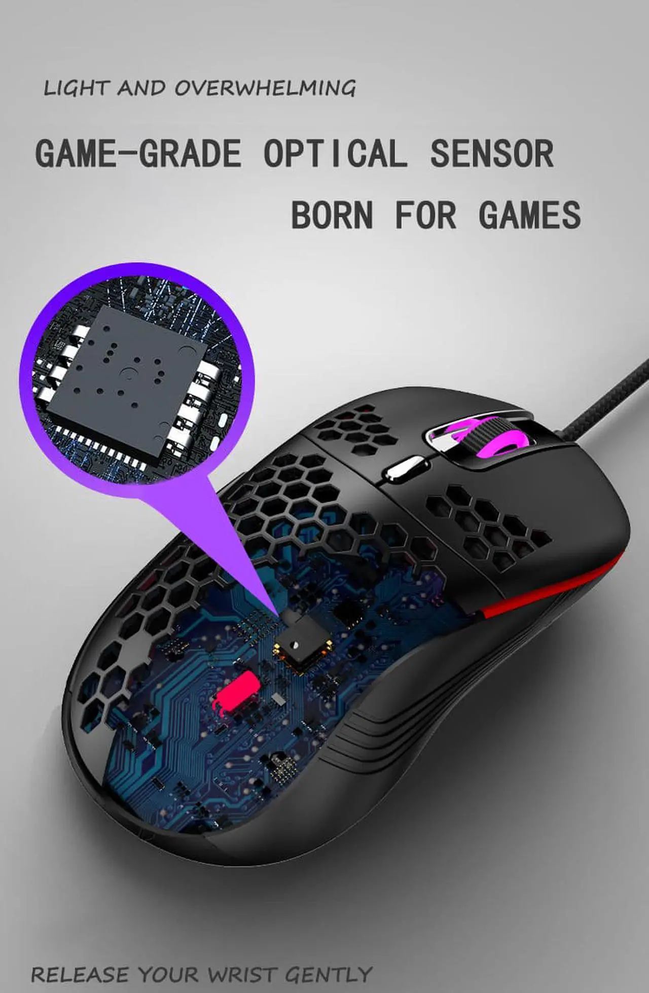 Alt view image 5 of 7 - Honeycomb Wired Gaming Mouse, RGB Backlight and 7200 Adjustable DPI, Ergonomic and Lightweight USB Computer Mouse with High Precision Sensor for Windows PC & Laptop Gamers (Black)