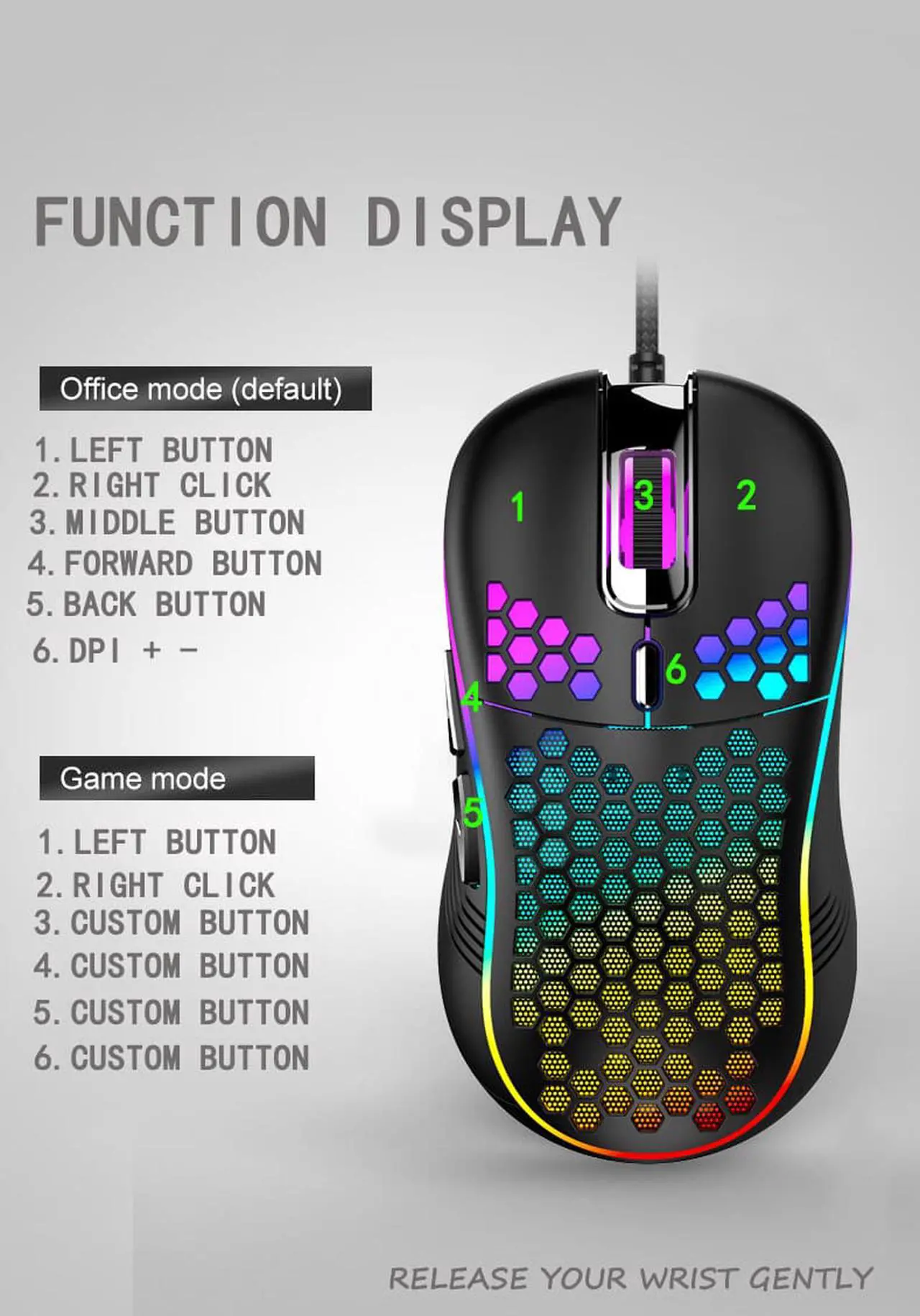 Alt view image 7 of 7 - Honeycomb Wired Gaming Mouse, RGB Backlight and 7200 Adjustable DPI, Ergonomic and Lightweight USB Computer Mouse with High Precision Sensor for Windows PC & Laptop Gamers (Black)