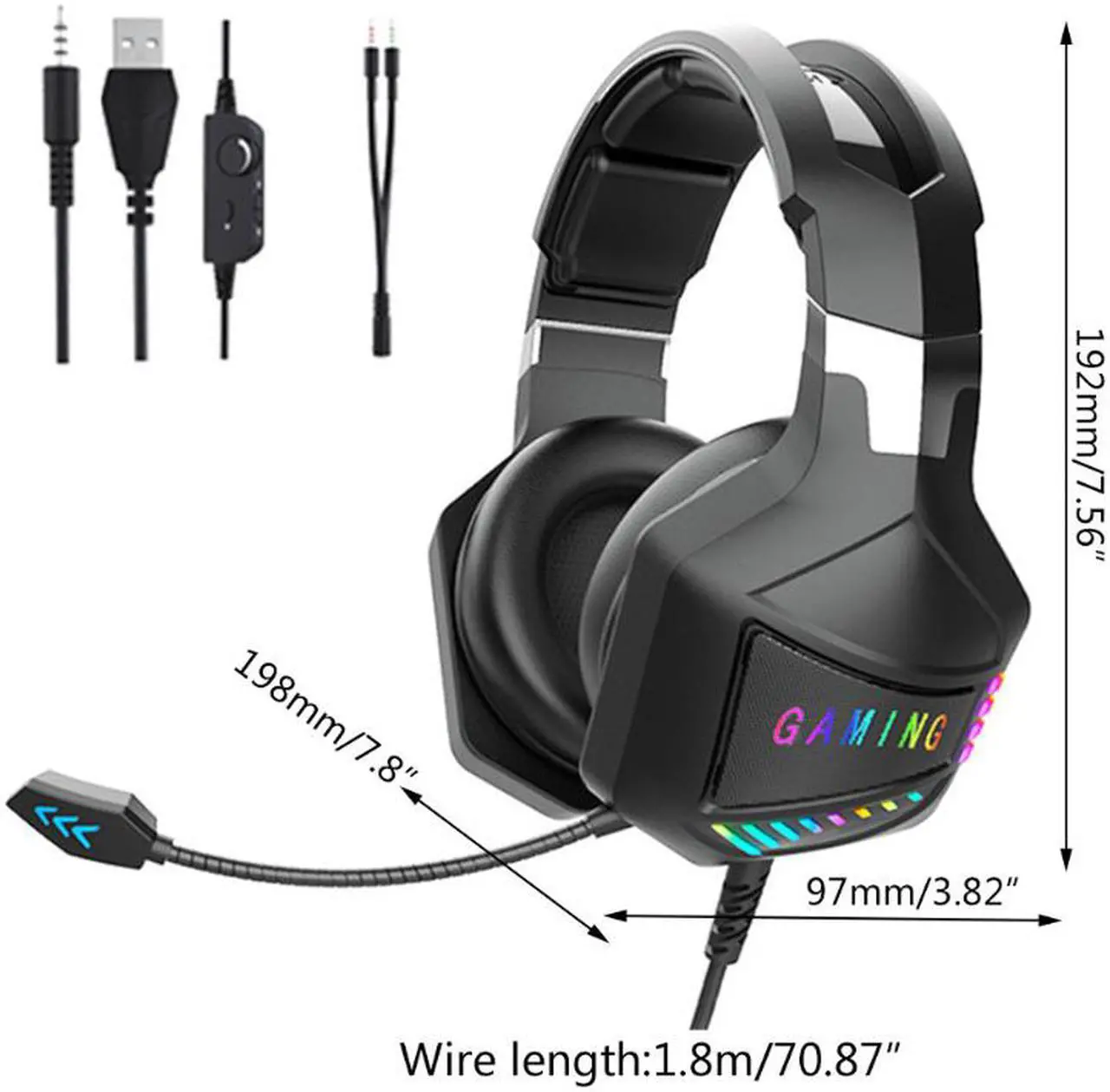 Alt view image 2 of 5 - CORN 3.5MM/USB Wired Gaming Headphones with Omnidirectional Mic for PC Computer Headset, 50mm Drivers, RGB Light, Active Noise Cancellation, Lightweight design for maximum comfort
