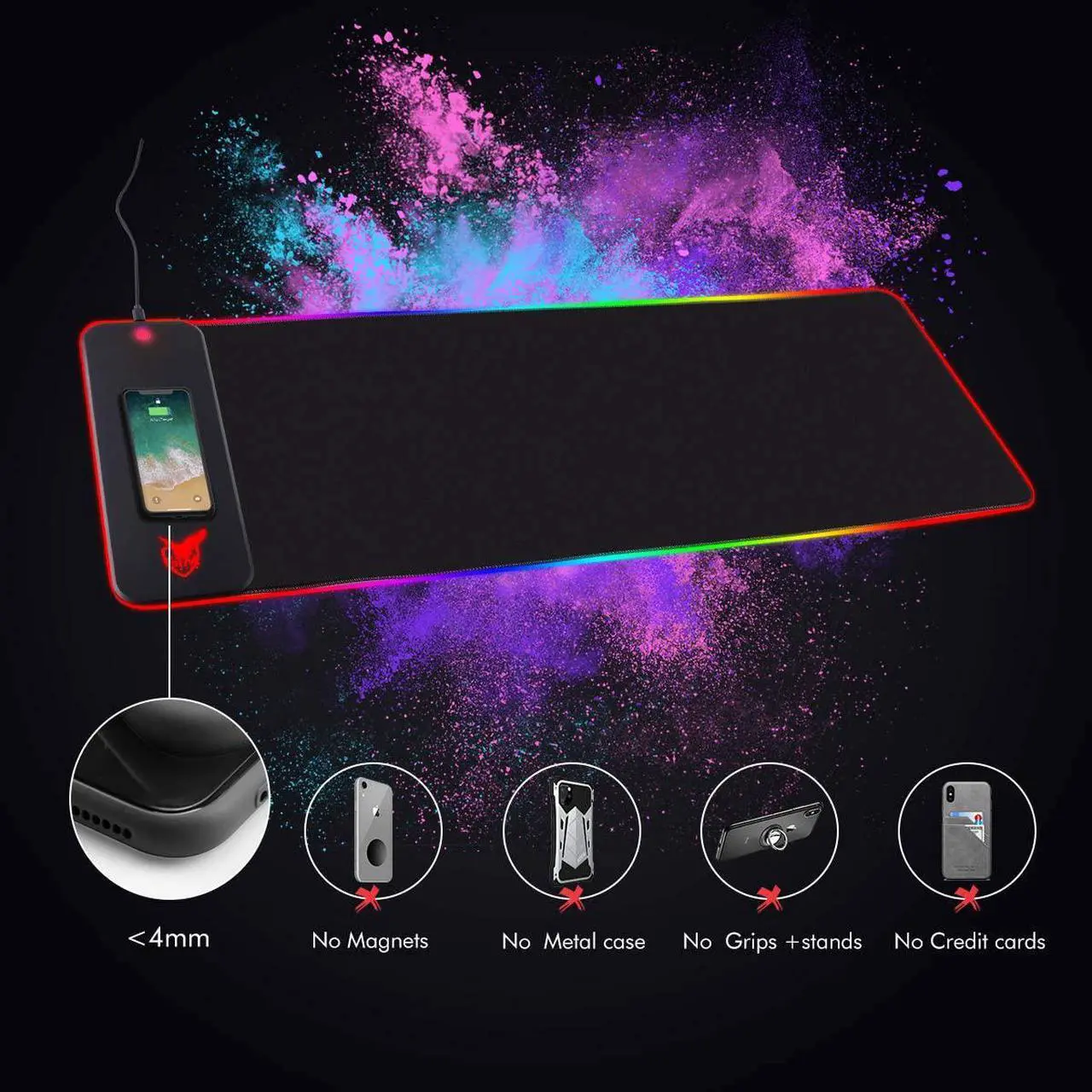 Alt view image 4 of 6 - Wireless Charging RGB Gaming Mouse Pad 10W, LED Mouse Mat 800x300x4MM, 10 Light Modes Extra Large Mousepad Non-Slip Rubber Base Computer Keyboard Mat for Gaming, MacBook, PC, Laptop, Desk