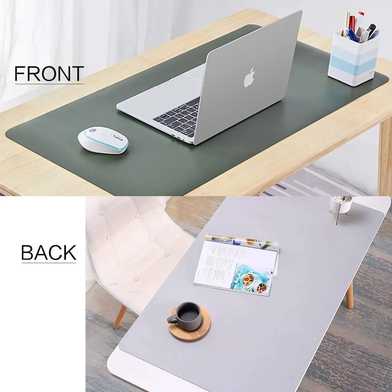 Alt view image 5 of 6 - Dual Sided Leather Desk Pad (31.5 x 15.7"), Office Waterproof Desk Mat, PU Mouse Pad, Desk Protector Cover, Desk Writing Mat for Office/Home/Work/Cubicle (Green/Gray)
