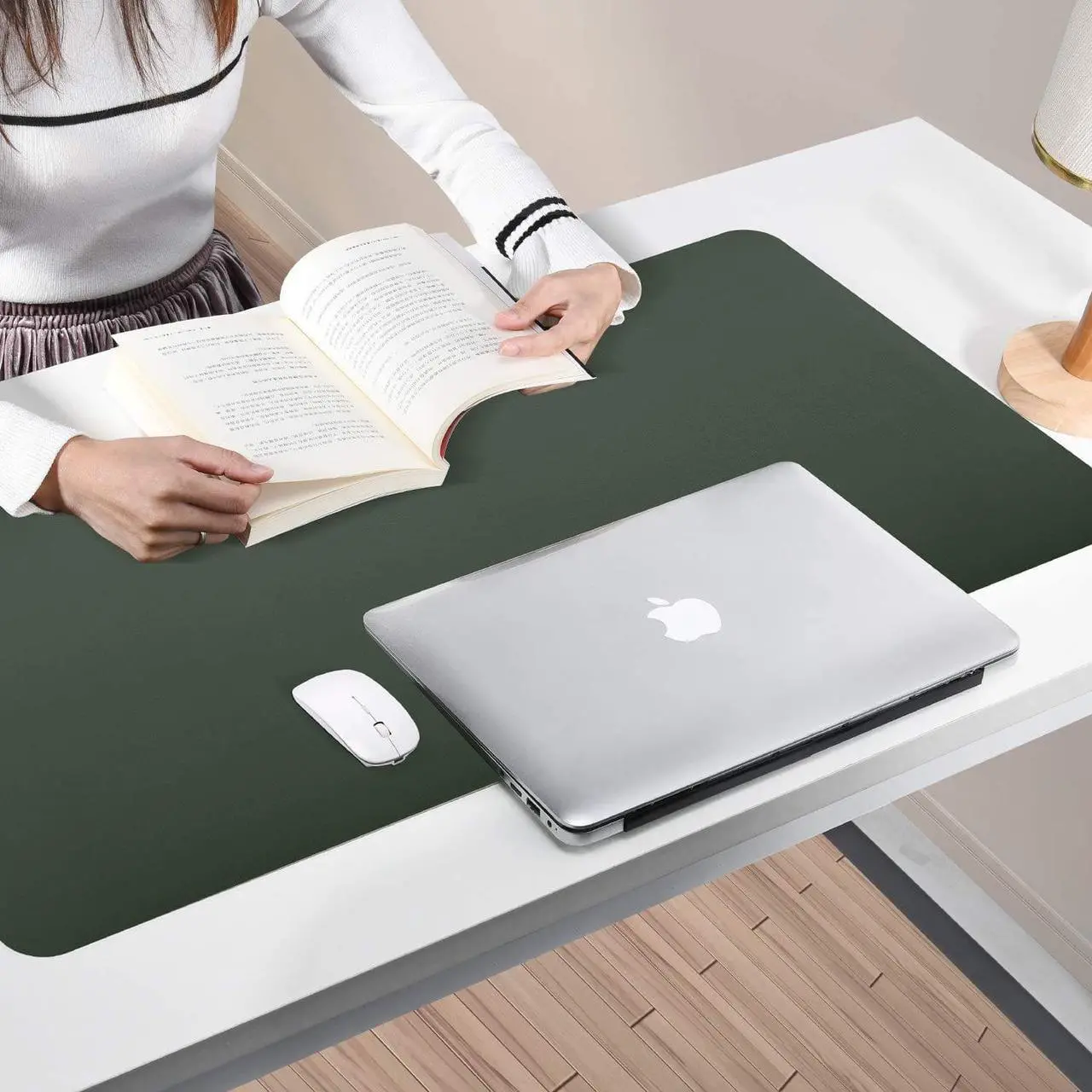 Alt view image 6 of 6 - Dual Sided Leather Desk Pad (31.5 x 15.7"), Office Waterproof Desk Mat, PU Mouse Pad, Desk Protector Cover, Desk Writing Mat for Office/Home/Work/Cubicle (Green/Gray)