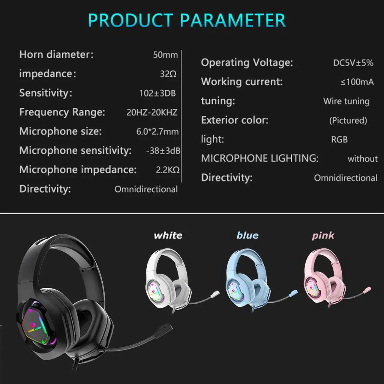 Alt view image 5 of 7 - Corn E600 USB Wired  Gaming Headset with  Noise-canceling Mic, 7.1  Surround Sound, 50MM Drivers, Removable Ear Foam, RGB lighting effect