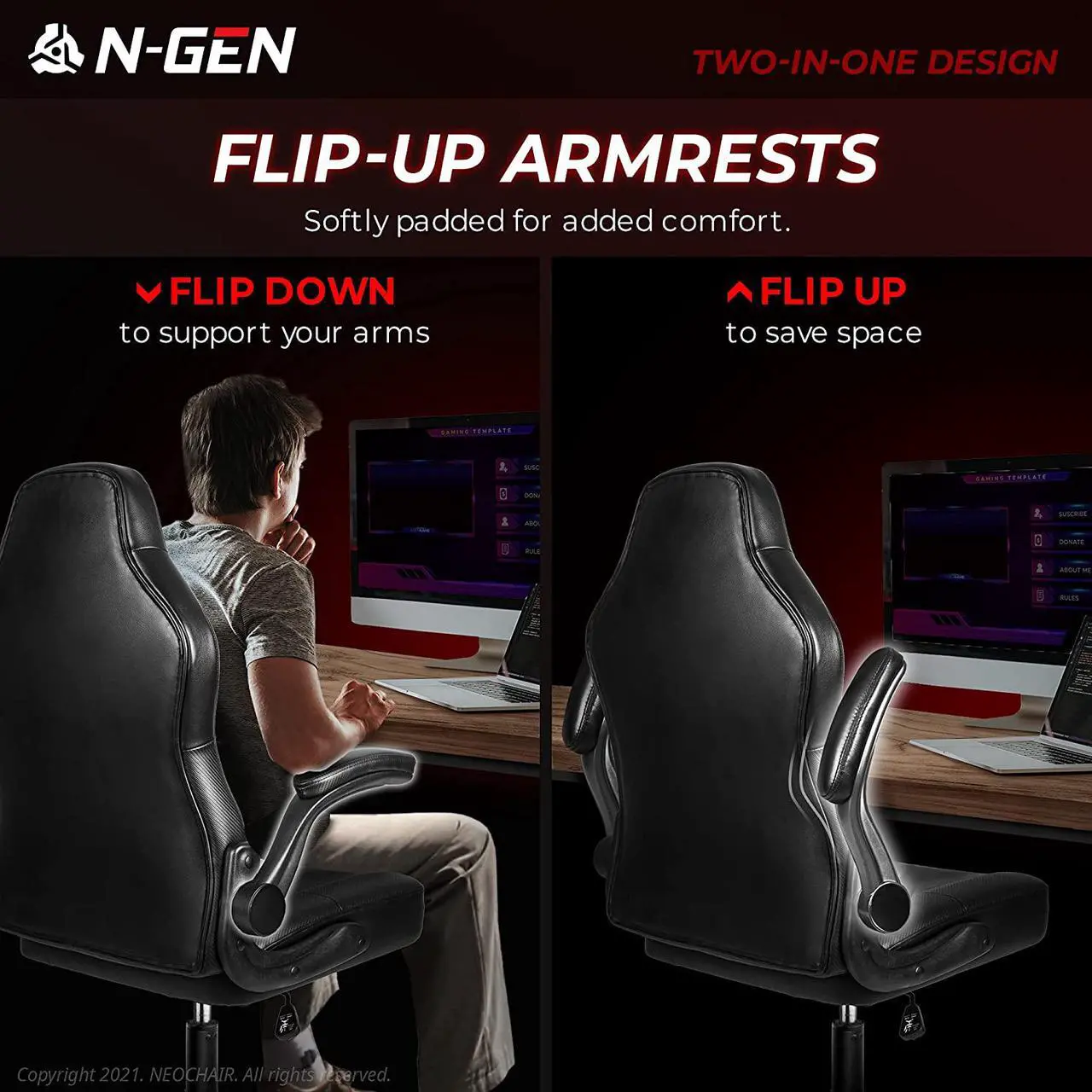 Alt view image 7 of 7 - N-GEN Gaming Chair Ergonomic Office Chair PC Desk Chair with Lumbar Support Flip-Up Arms Levelled Seat Style Headrest PU Leather Executive High Back Computer Chair for Adults Women Men