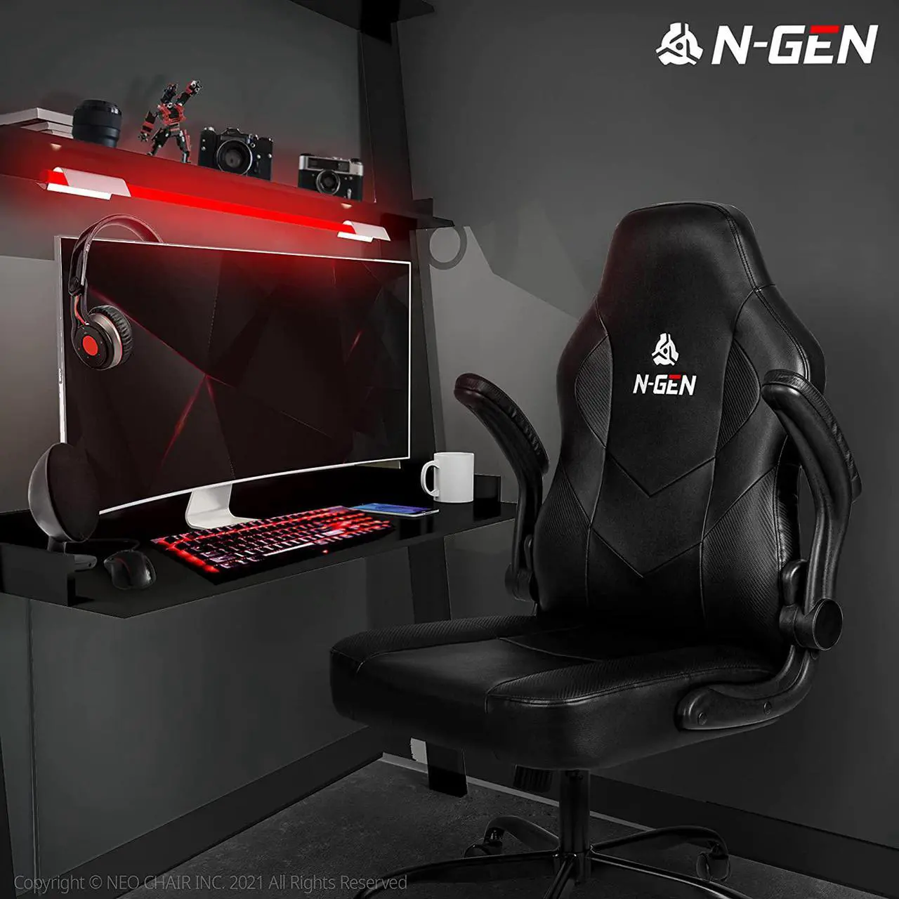 Alt view image 2 of 7 - N-GEN Gaming Chair Ergonomic Office Chair PC Desk Chair with Lumbar Support Flip-Up Arms Levelled Seat Style Headrest PU Leather Executive High Back Computer Chair for Adults Women Men