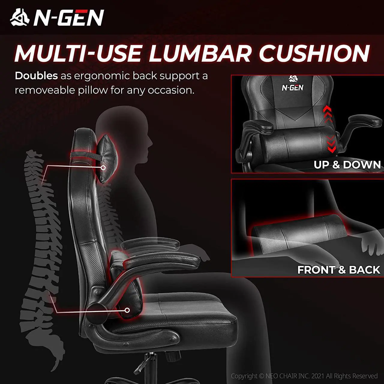 Alt view image 4 of 7 - N-GEN Gaming Chair Ergonomic Office Chair PC Desk Chair with Lumbar Support Flip-Up Arms Levelled Seat Style Headrest PU Leather Executive High Back Computer Chair for Adults Women Men