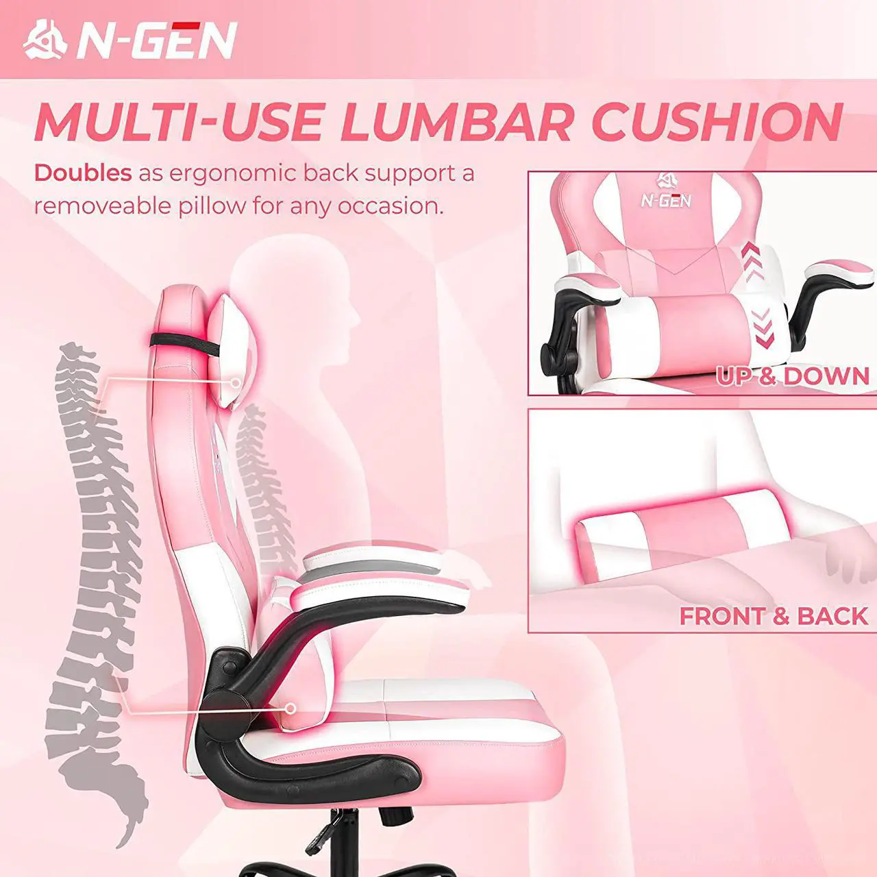 Alt view image 3 of 5 - N-GEN Gaming Chair Ergonomic Office Chair PC Desk Chair with Lumbar Support Flip-Up Arms Levelled Seat Style Headrest PU Leather Executive High Back Computer Chair for Adults Women Men