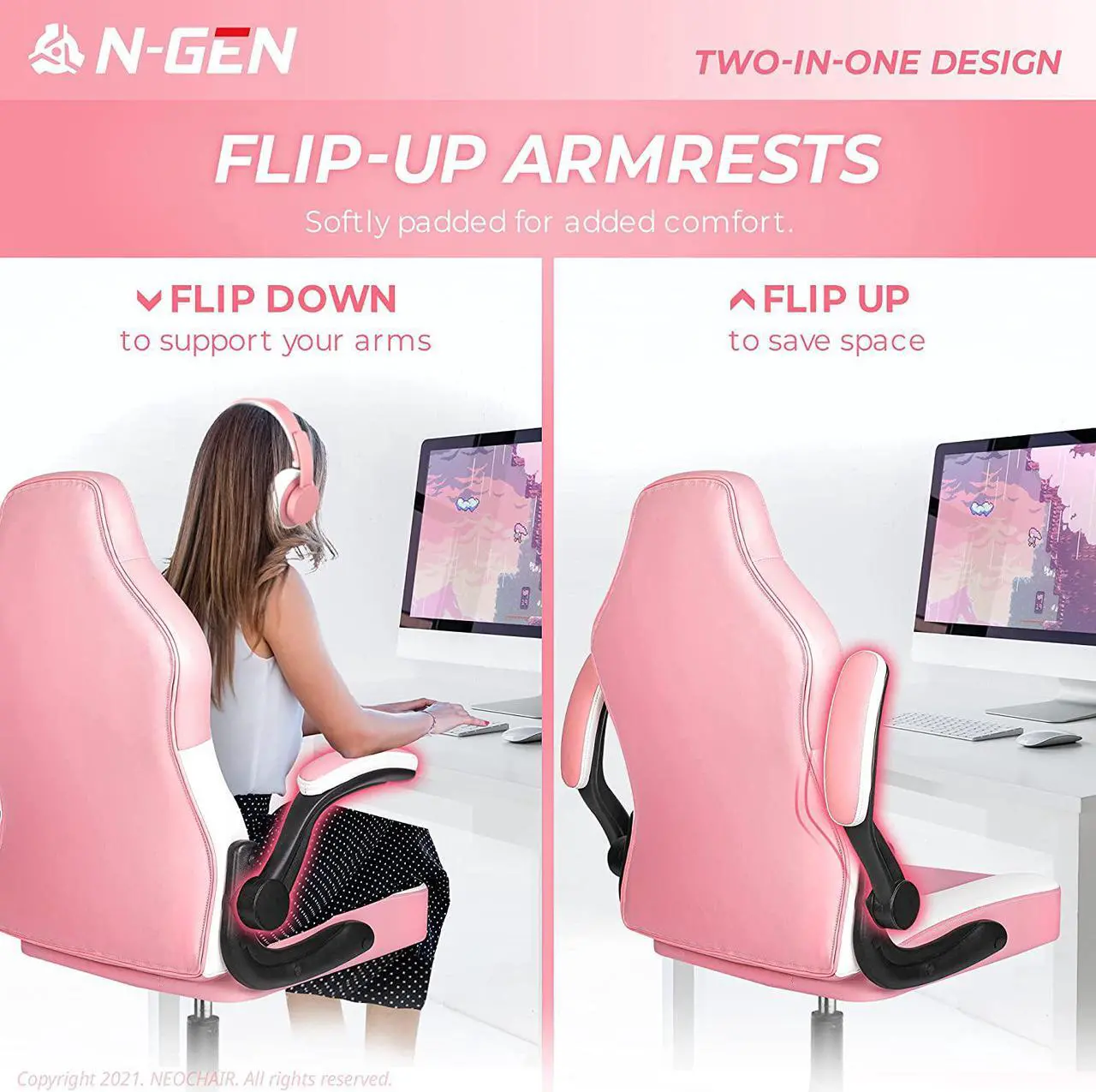 Alt view image 4 of 5 - N-GEN Gaming Chair Ergonomic Office Chair PC Desk Chair with Lumbar Support Flip-Up Arms Levelled Seat Style Headrest PU Leather Executive High Back Computer Chair for Adults Women Men