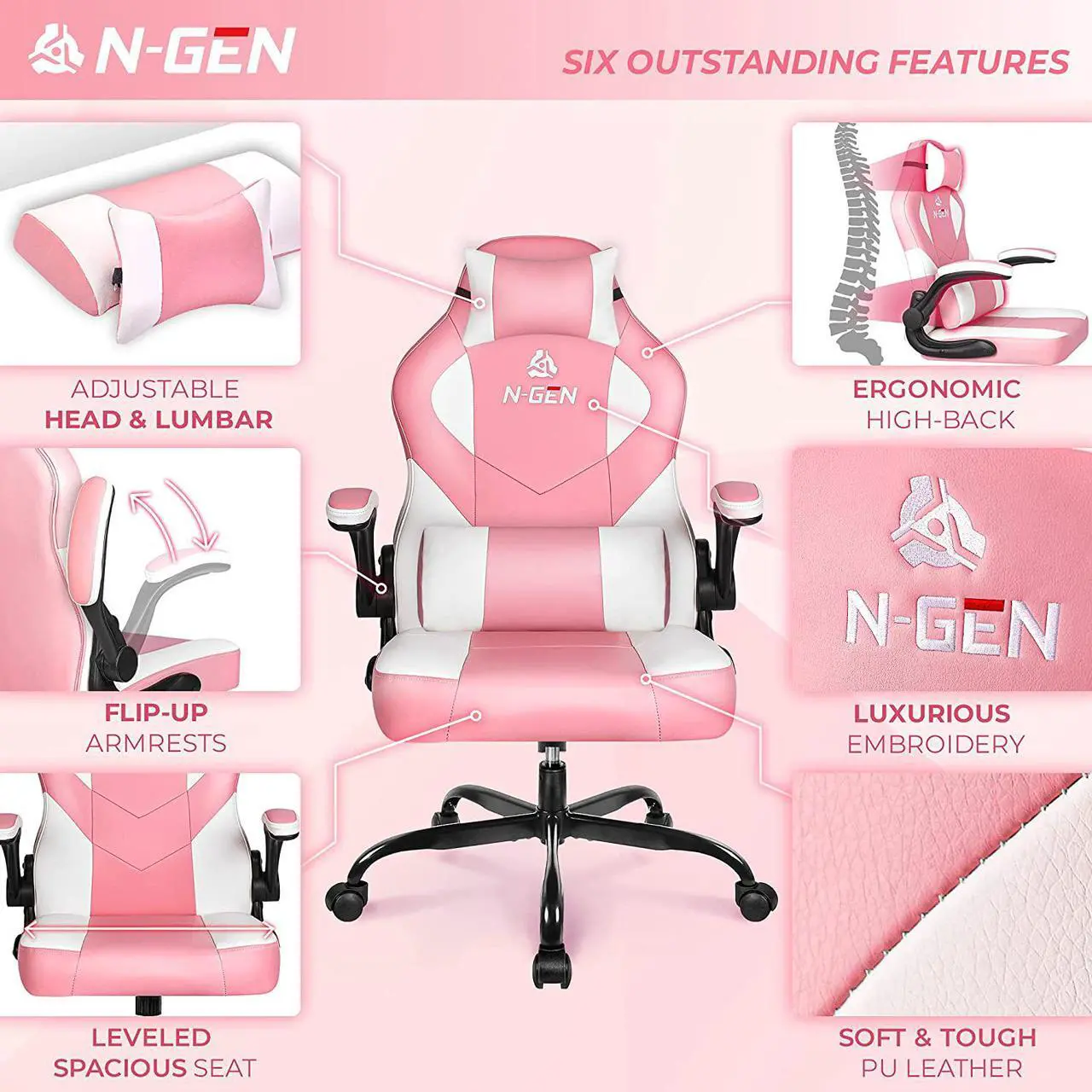Alt view image 5 of 5 - N-GEN Gaming Chair Ergonomic Office Chair PC Desk Chair with Lumbar Support Flip-Up Arms Levelled Seat Style Headrest PU Leather Executive High Back Computer Chair for Adults Women Men